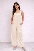 Ivory Schiffli Embroidered Jumpsuit – Sleeveless Wide-Leg Jumpsuit with Lace Details