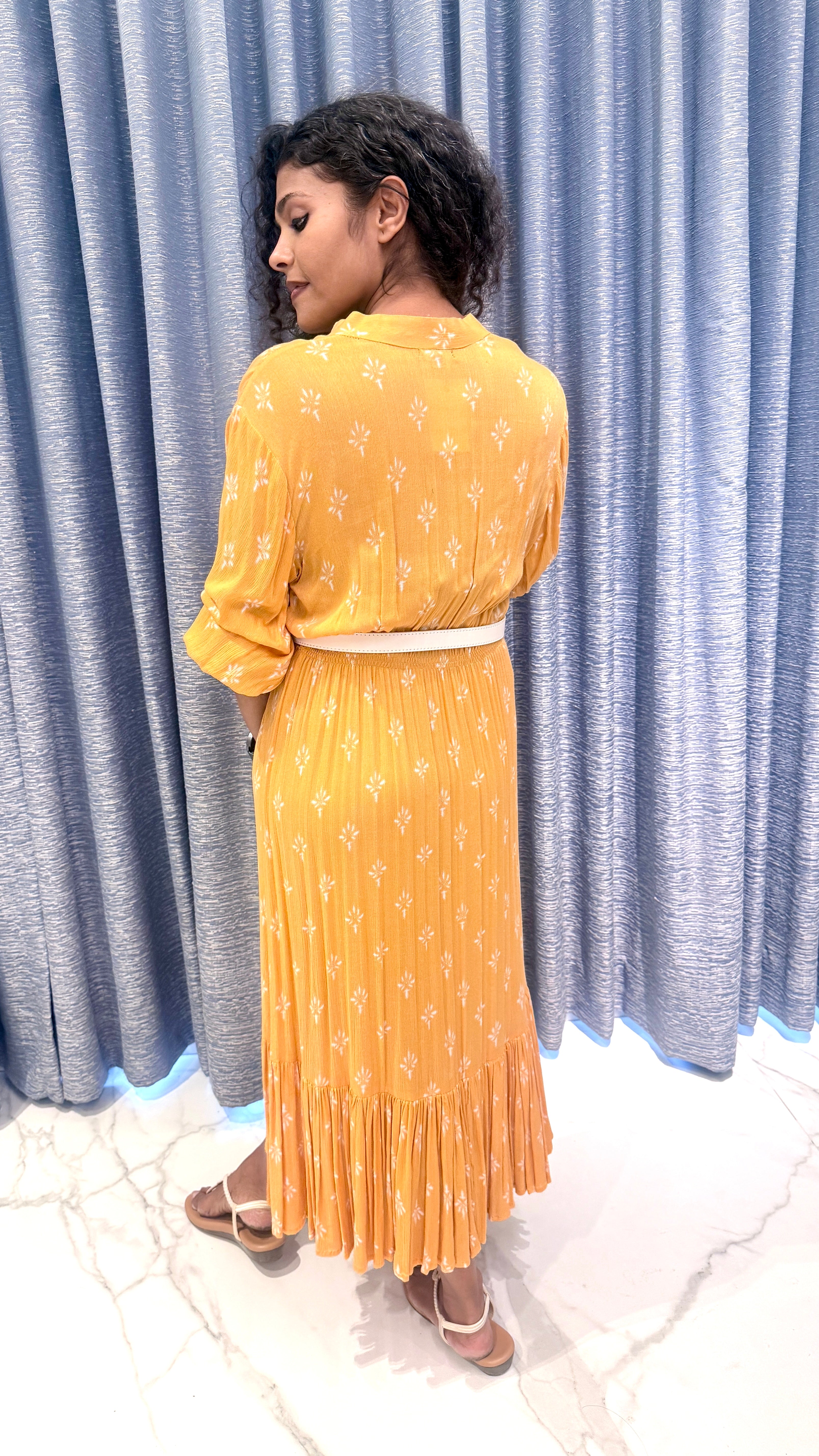Mustard Yellow Plissé Midi Dress – Floral Block Print with Ruffled Hem