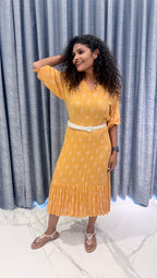 Mustard Yellow Plissé Midi Dress – Floral Block Print with Ruffled Hem