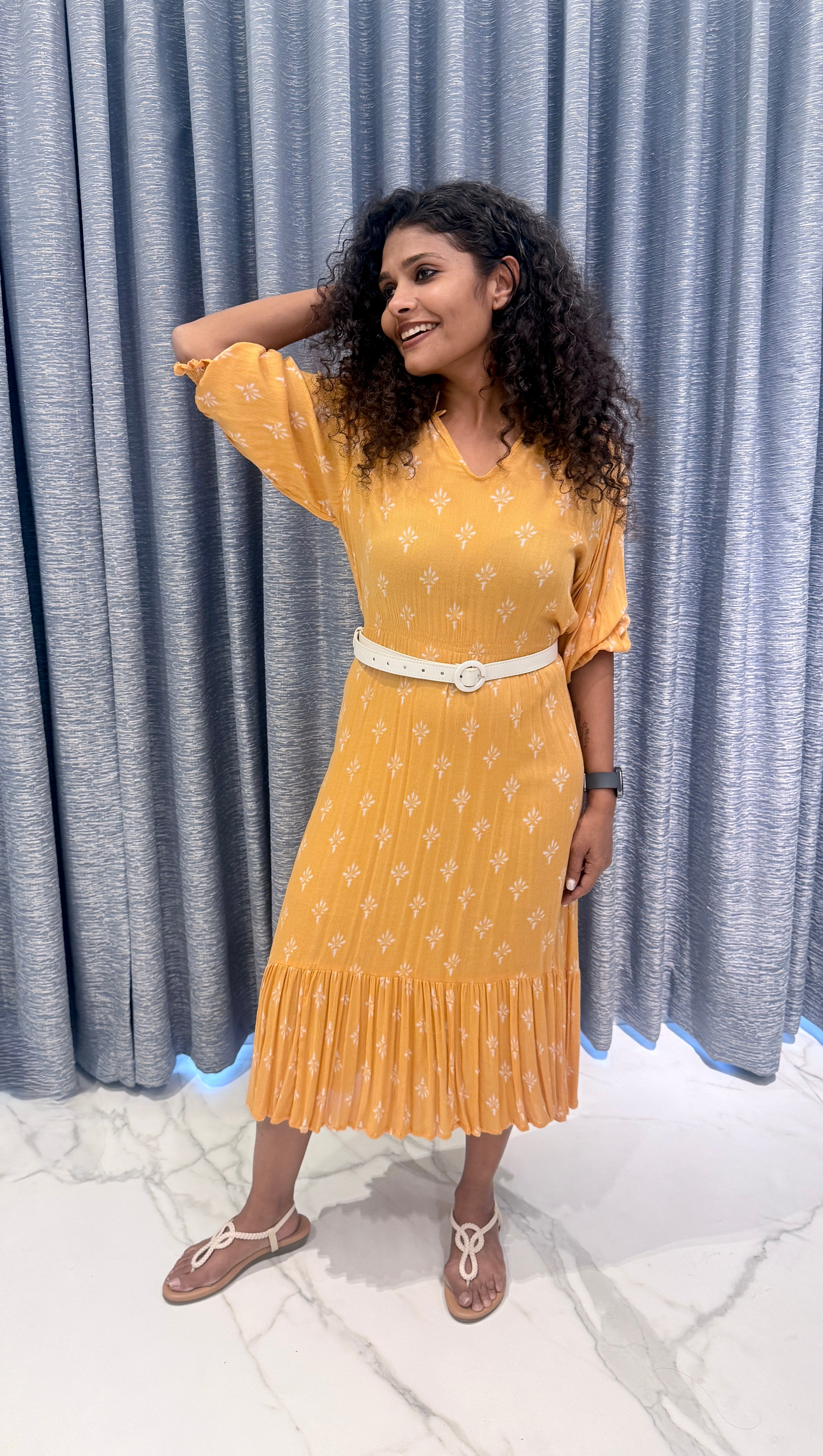 Mustard Yellow Plissé Midi Dress – Floral Block Print with Ruffled Hem