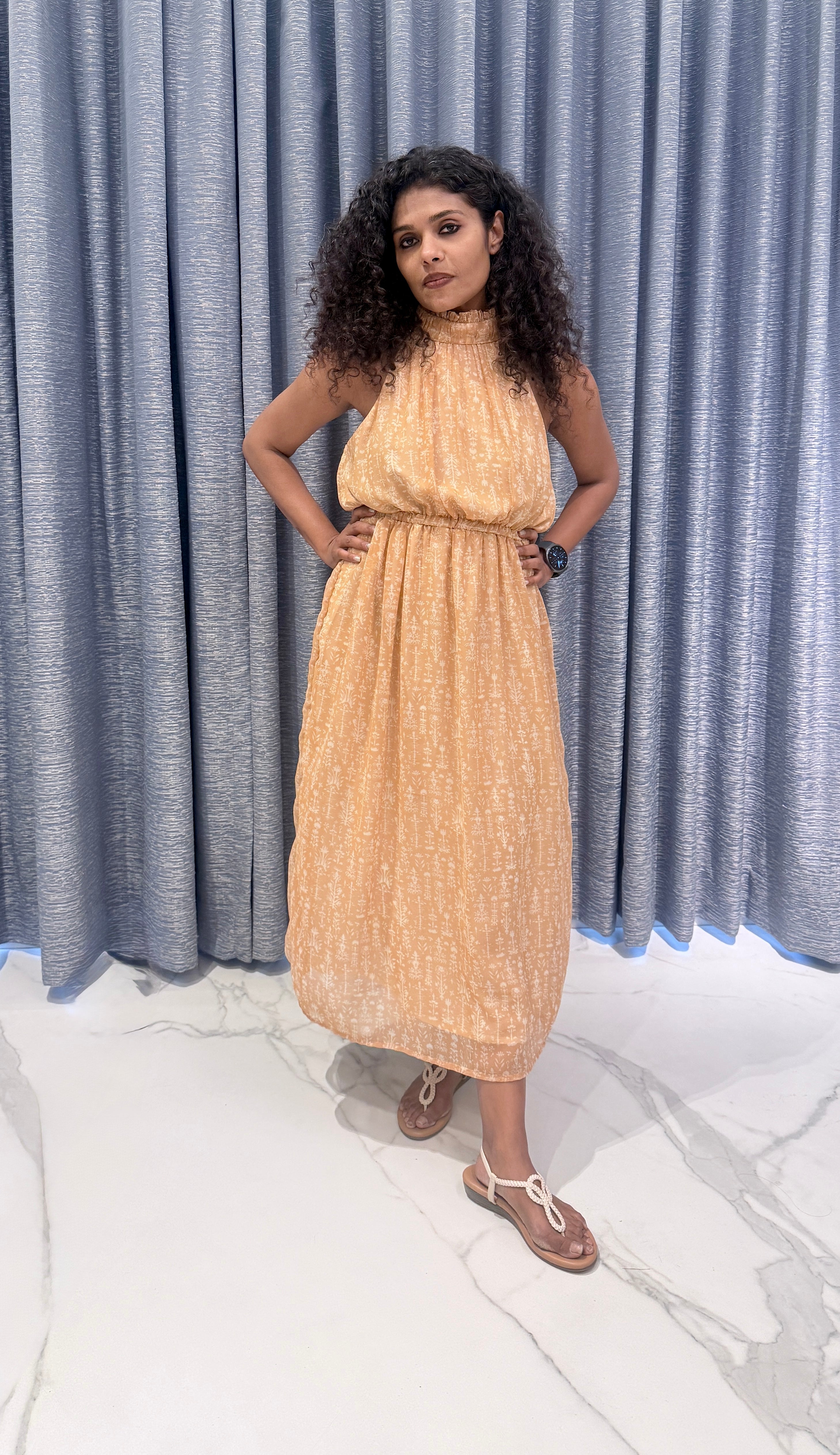 Peach Halter-Neck Chiffon Midi – Smocked High-Neck Floral Print Dress
