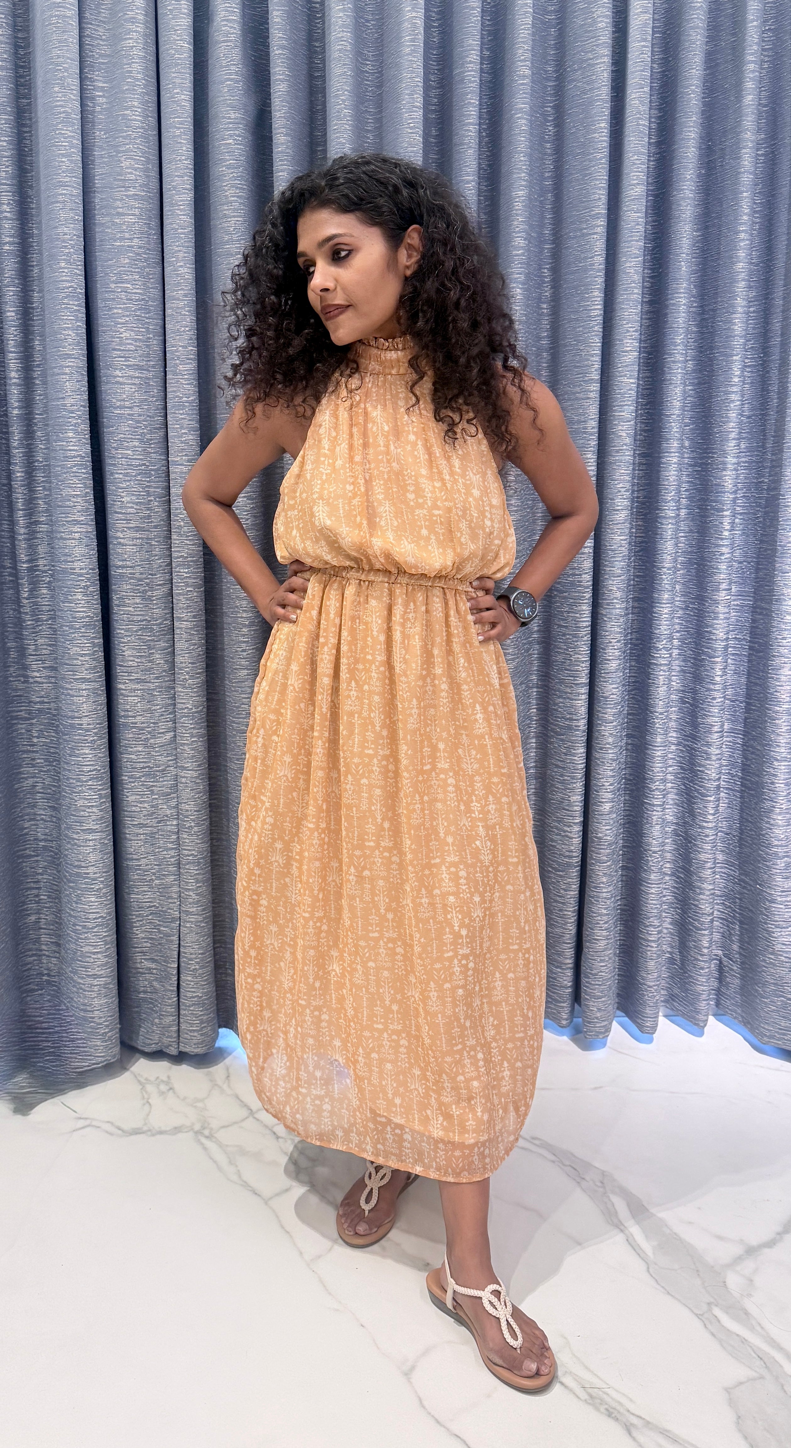 Peach Halter-Neck Chiffon Midi – Smocked High-Neck Floral Print Dress