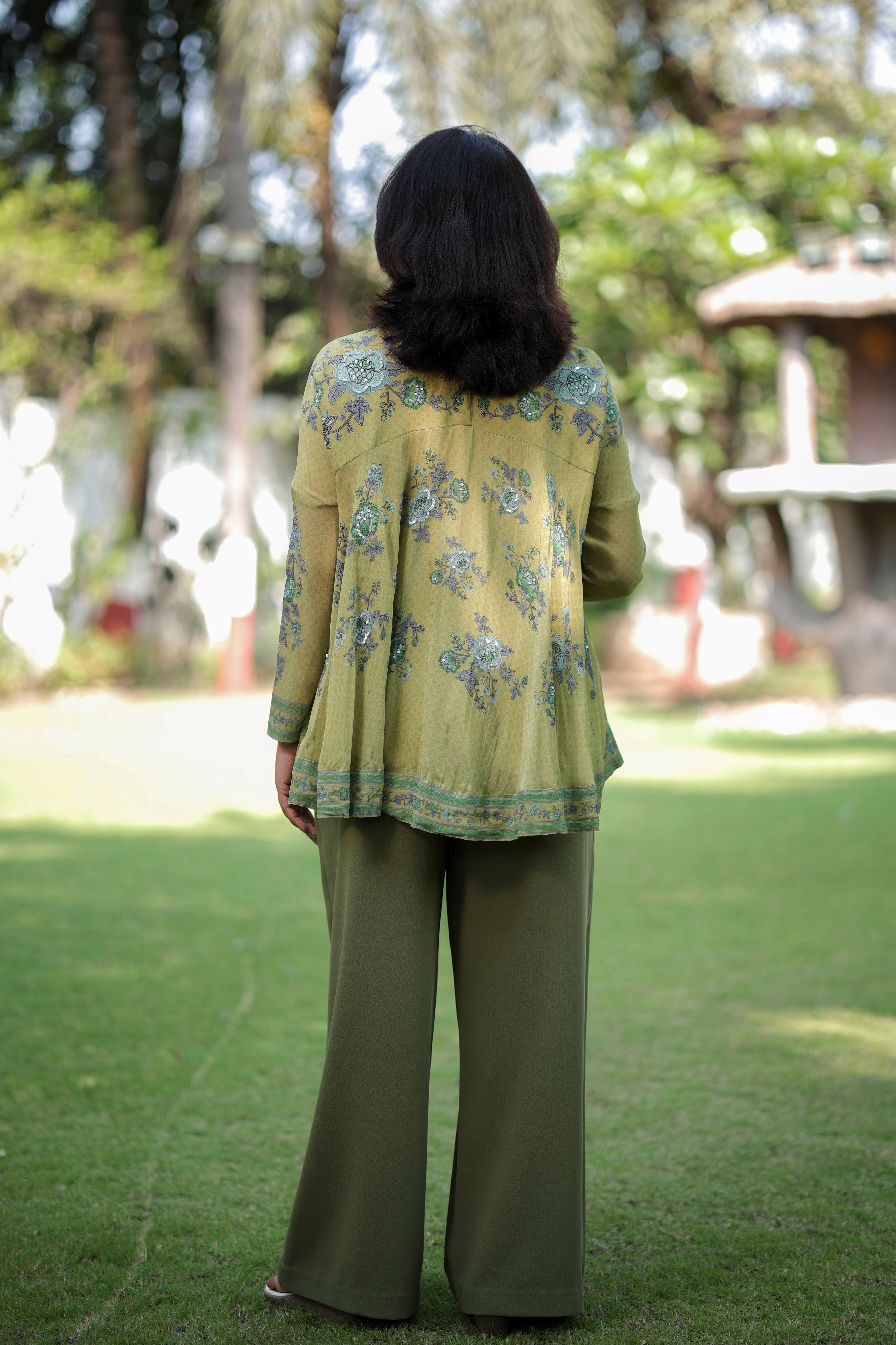 Olive Bloom Printed Flared Top