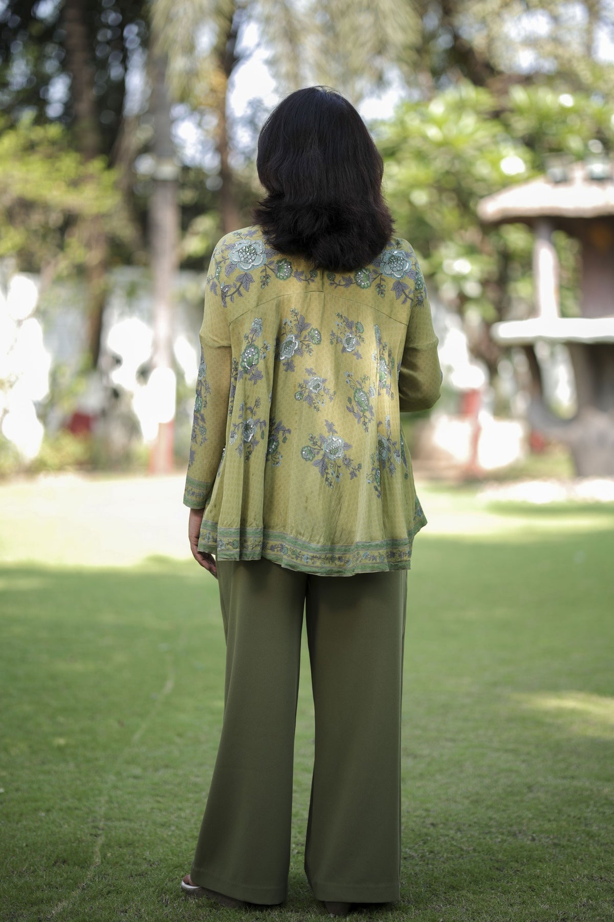 Olive Bloom Printed Flared Top