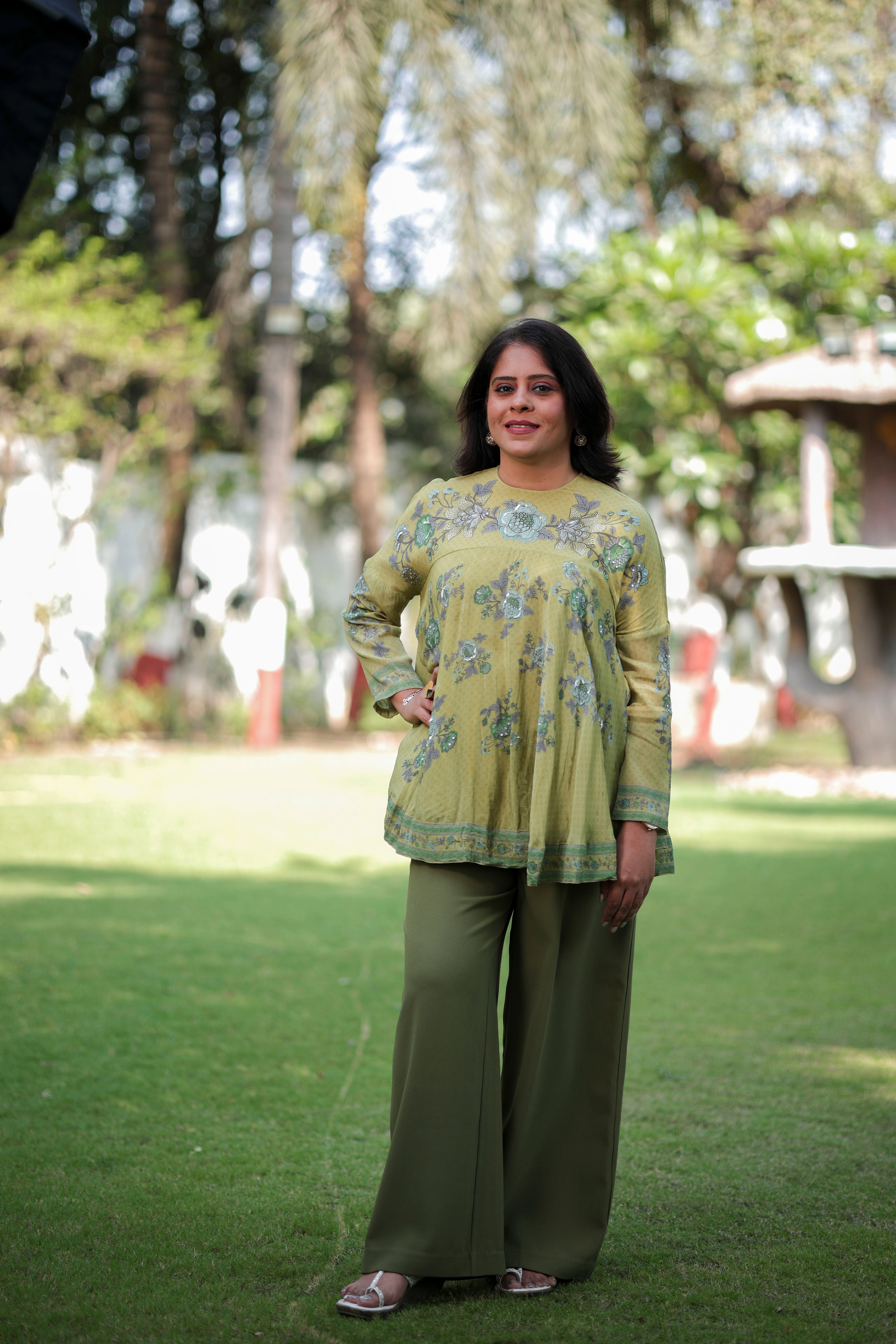 Olive Bloom Printed Flared Top