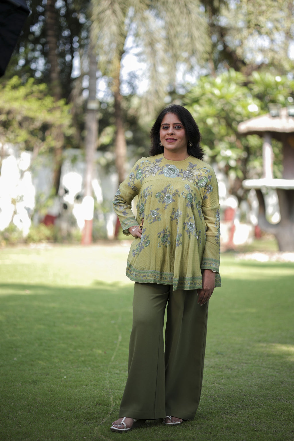 Olive Bloom Printed Flared Top