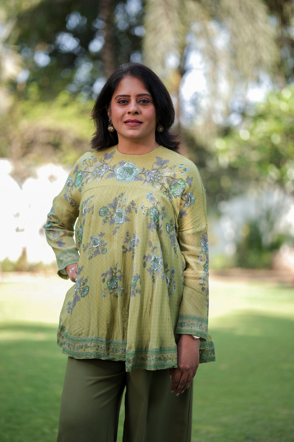 Olive Bloom Printed Flared Top