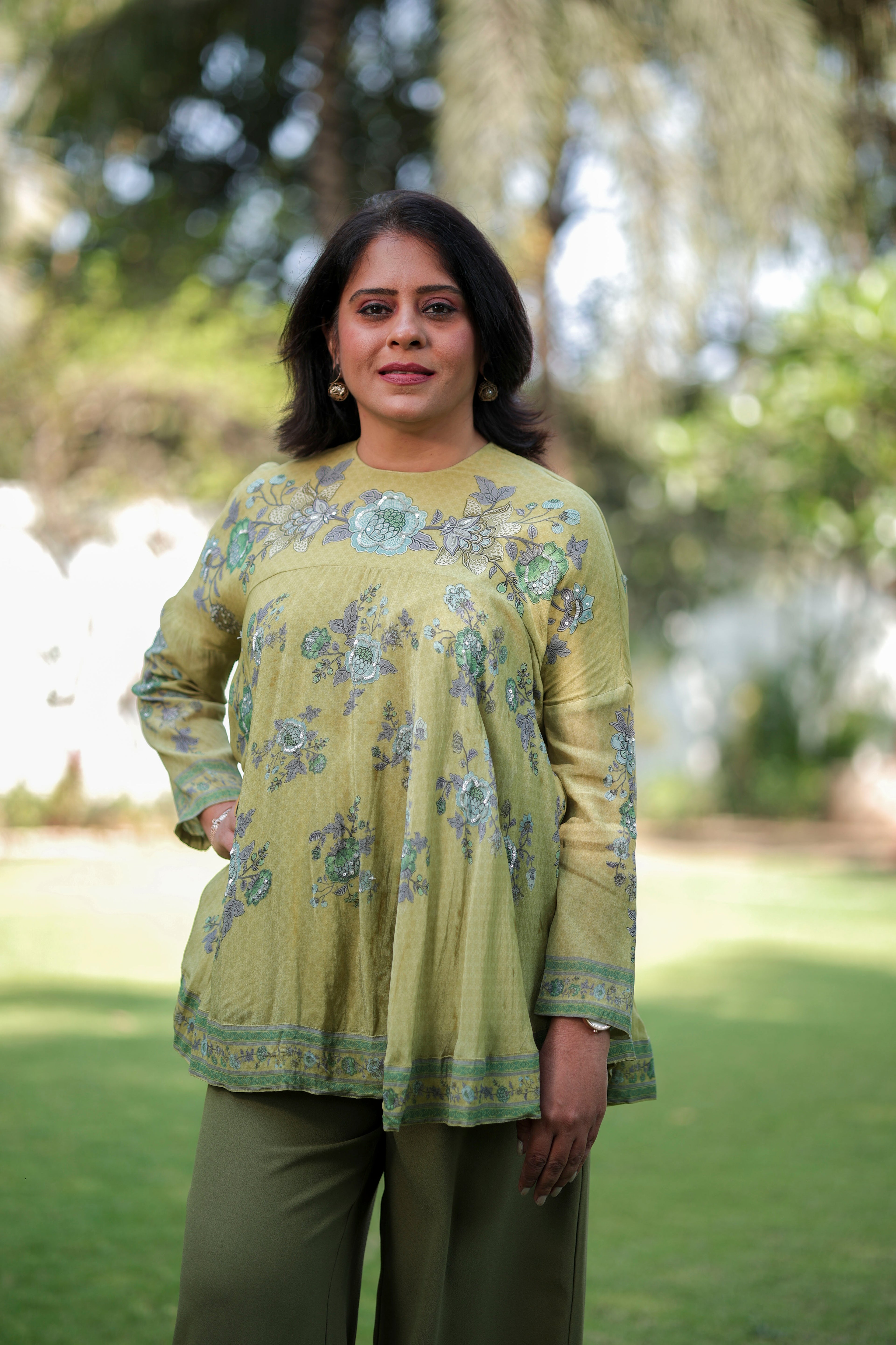 Olive Bloom Printed Flared Top