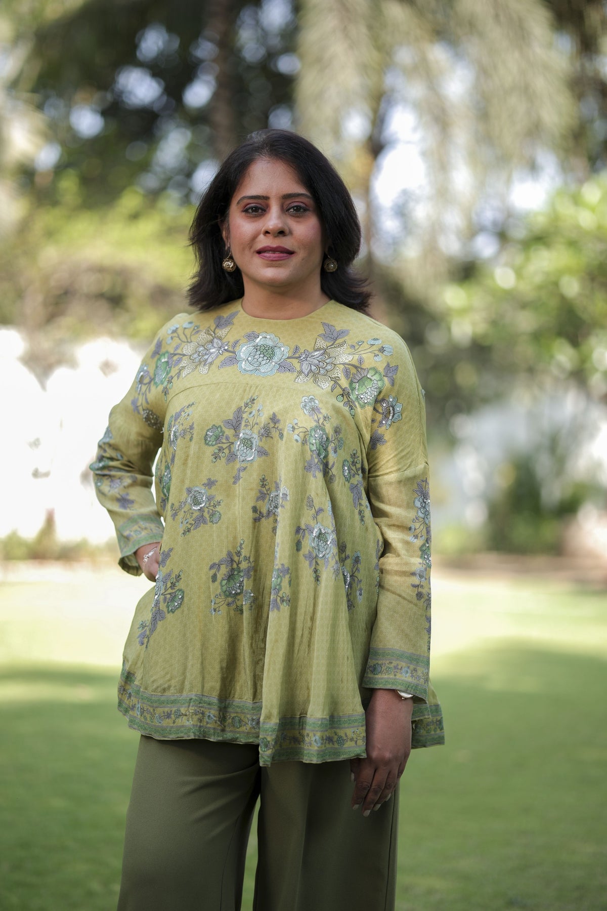 Olive Bloom Printed Flared Top