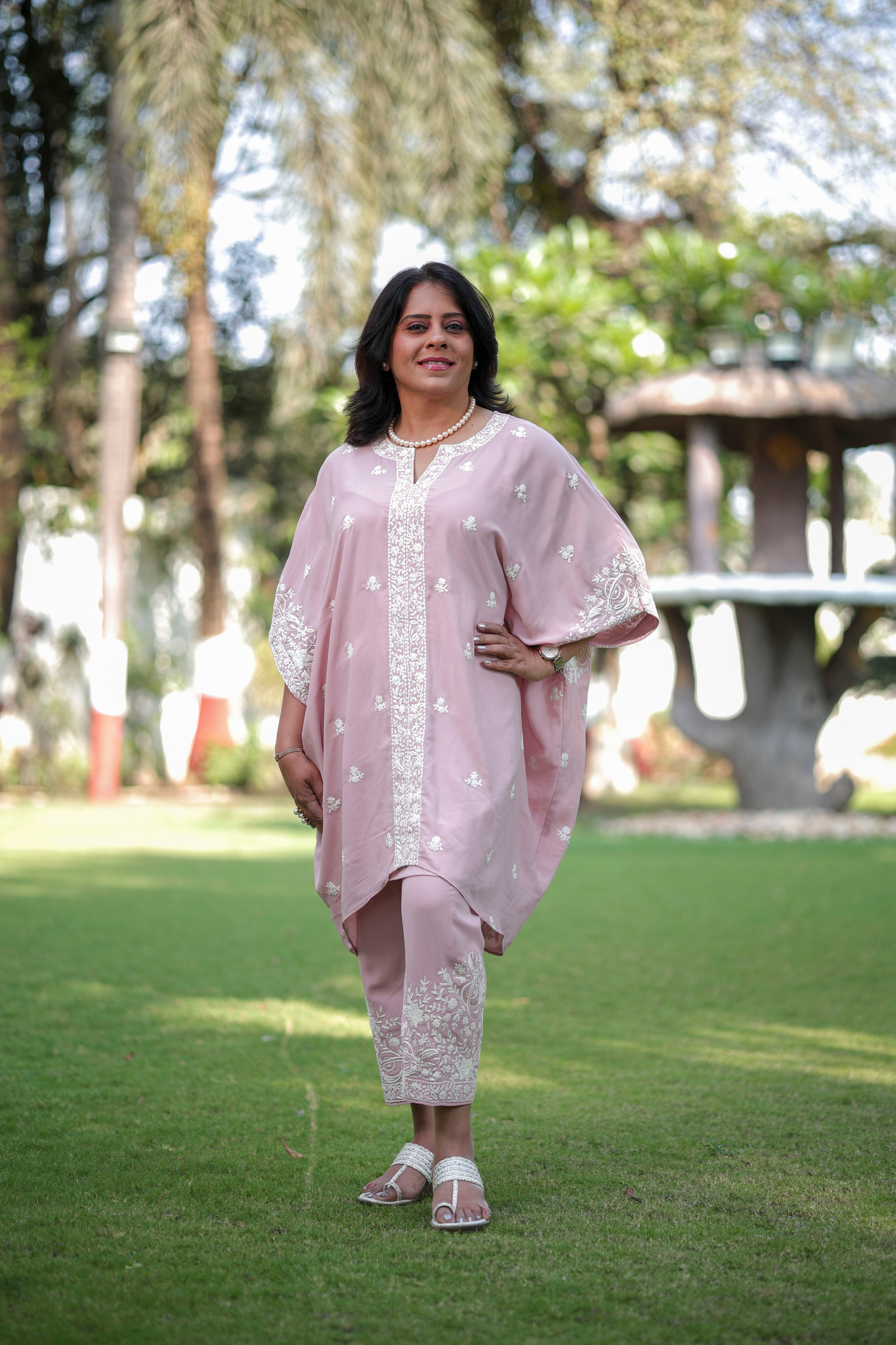 Blush Pink Embroidered Kaftan Set