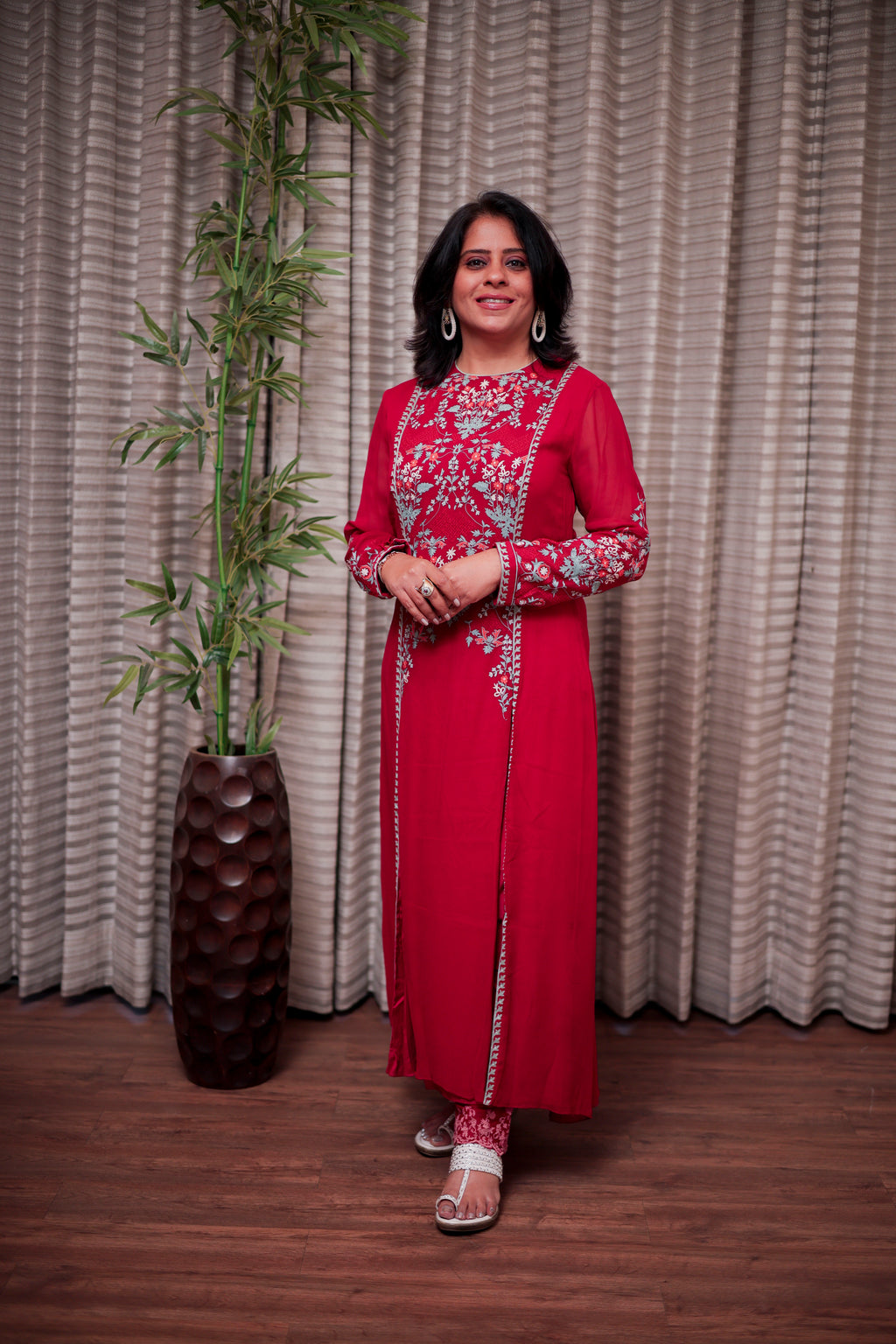 Crimson Red Embroidered Straight Kurti