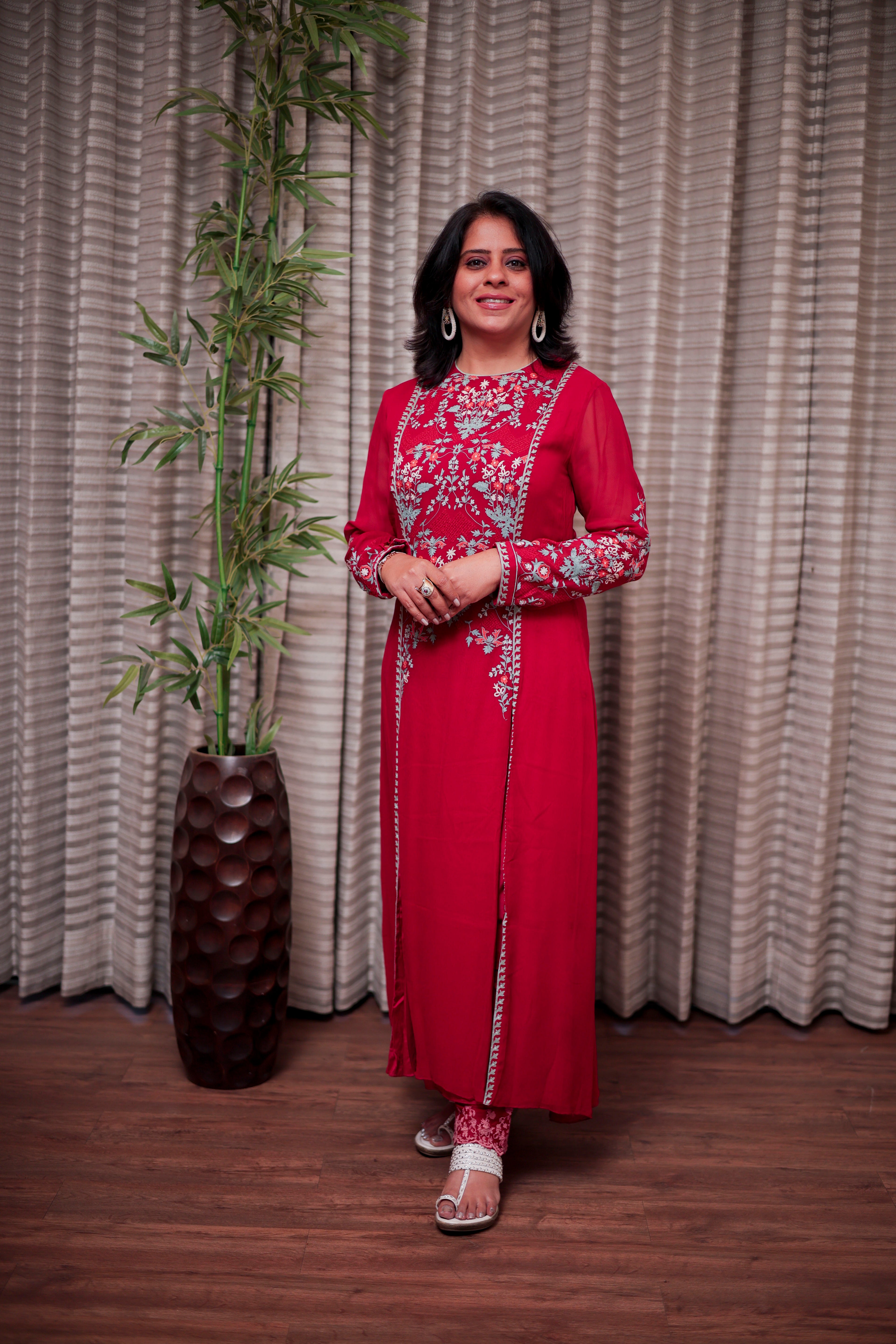 Crimson Red Embroidered Straight Kurti
