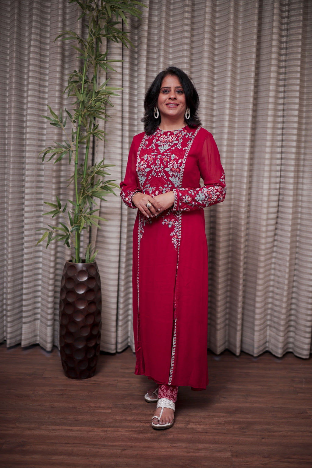 Crimson Red Embroidered Straight Kurti