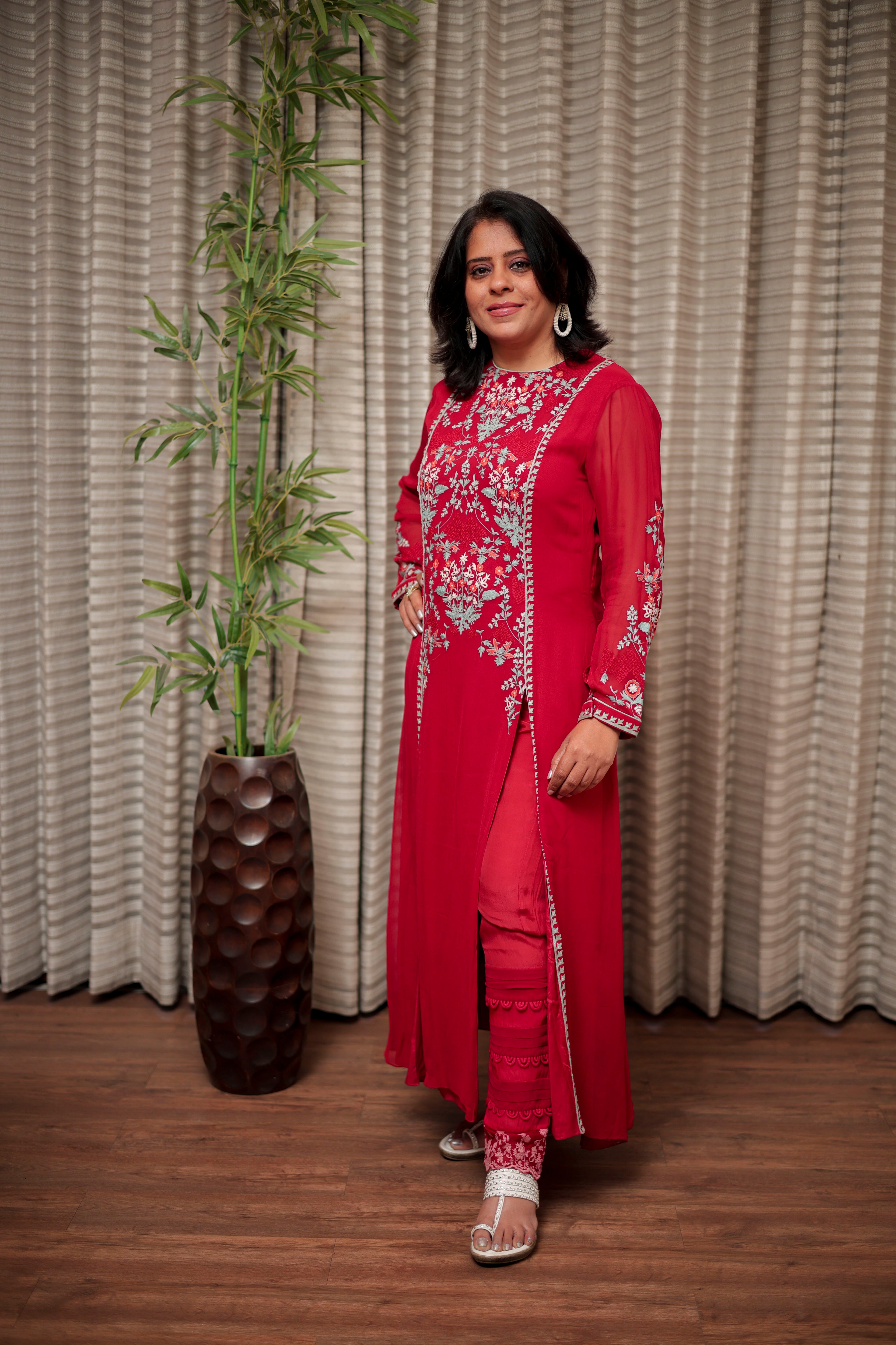 Crimson Red Embroidered Straight Kurti