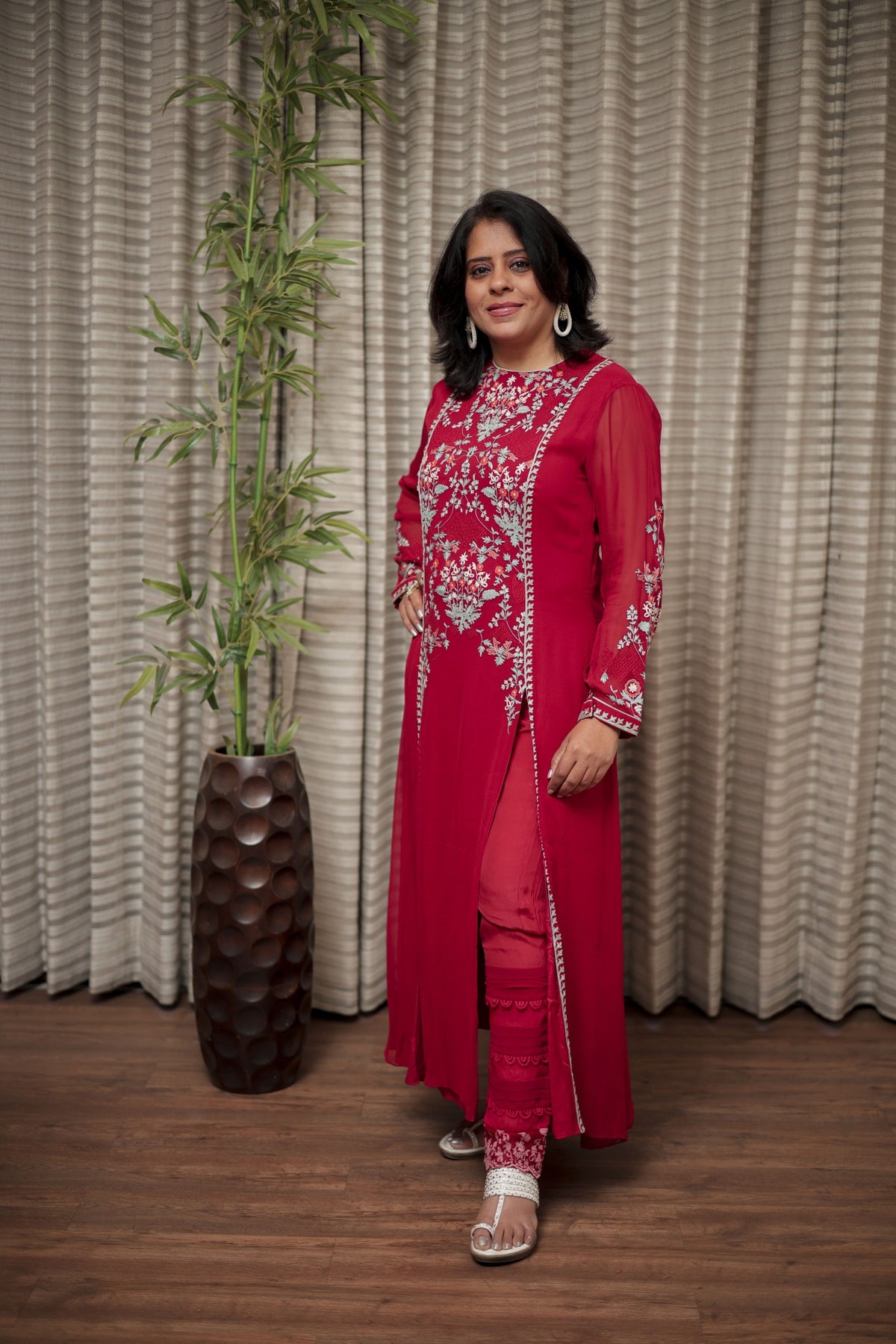 Crimson Red Embroidered Straight Kurti