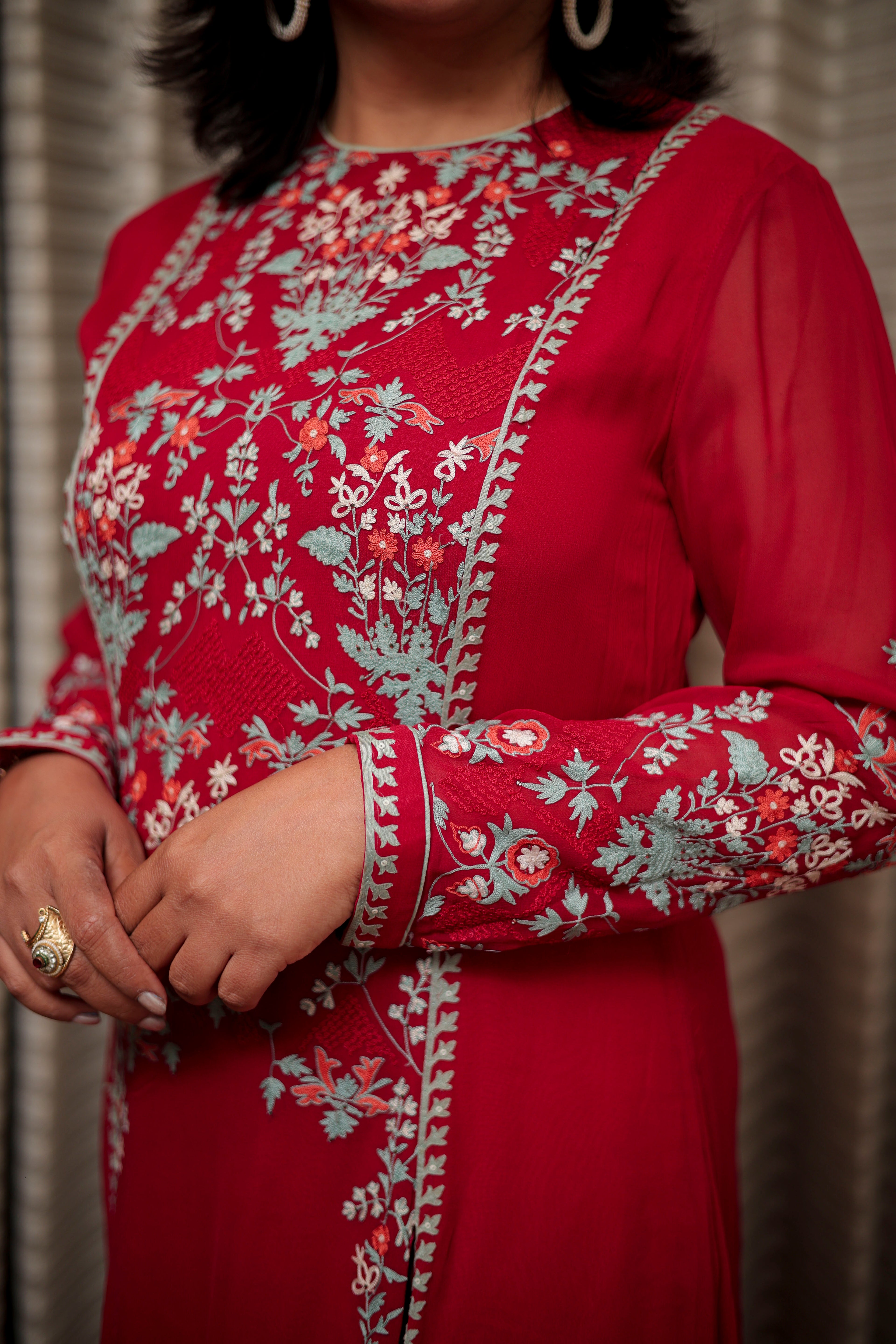 Crimson Red Embroidered Straight Kurti