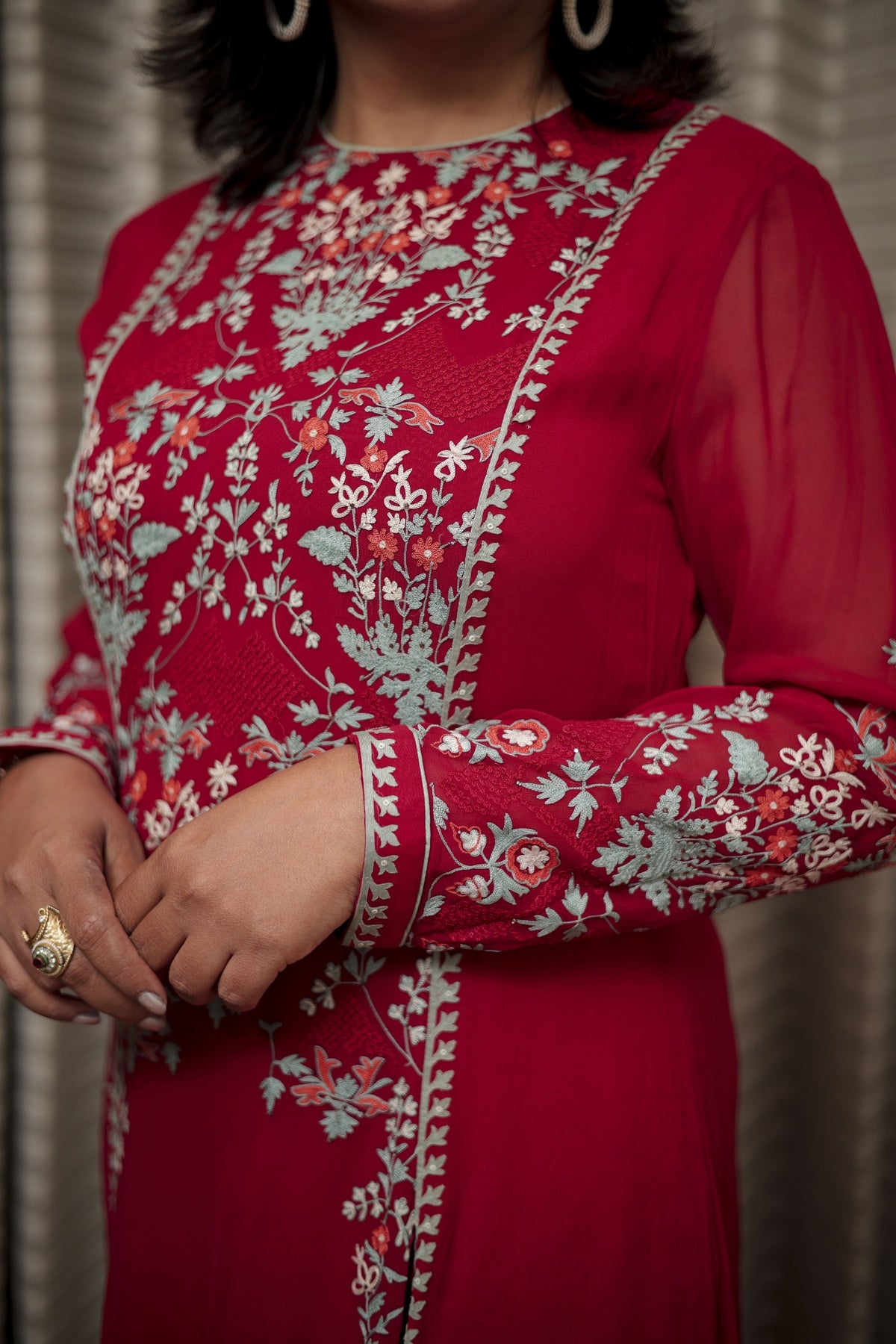 Crimson Red Embroidered Straight Kurti