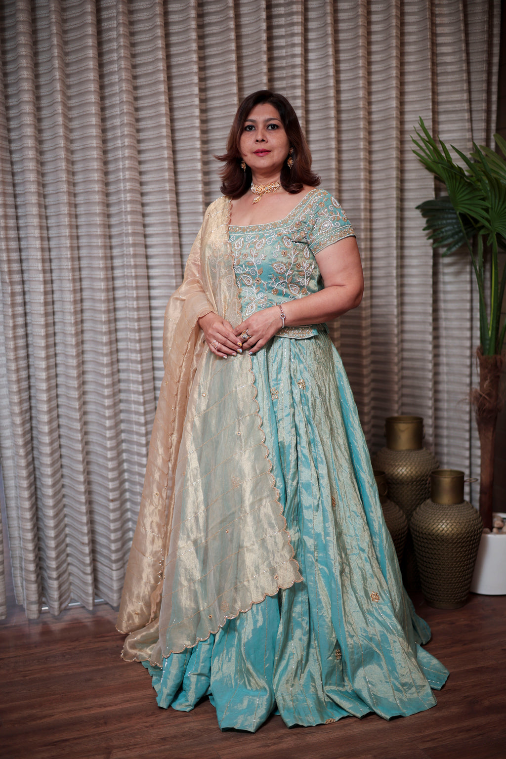 Aqua Blue Embroidered Chaniya Choli Set
