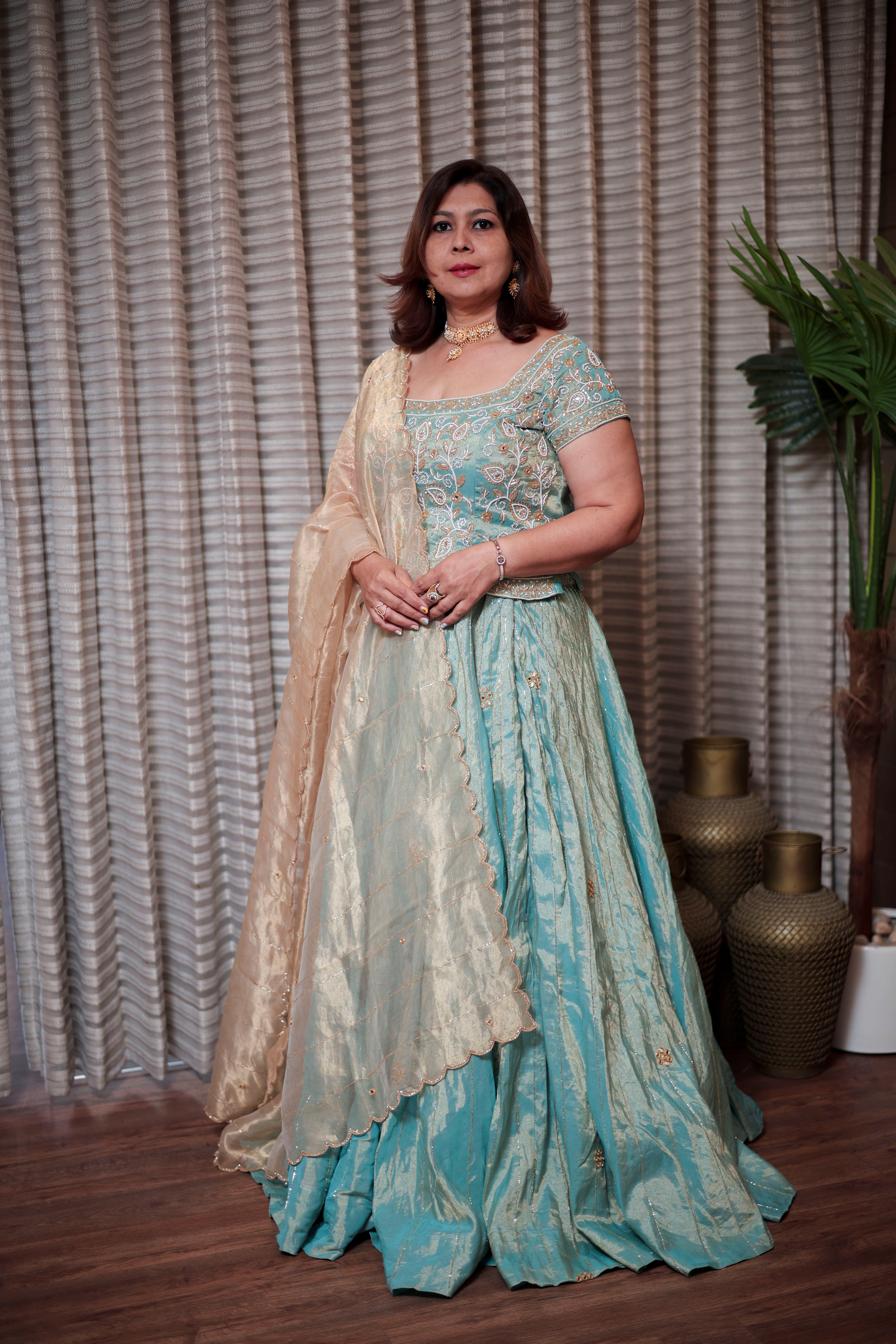 Aqua Blue Embroidered Chaniya Choli Set
