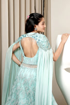 Mint Sequined Gown with Detachable Cape Sleeves