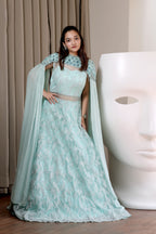Mint Sequined Gown with Detachable Cape Sleeves