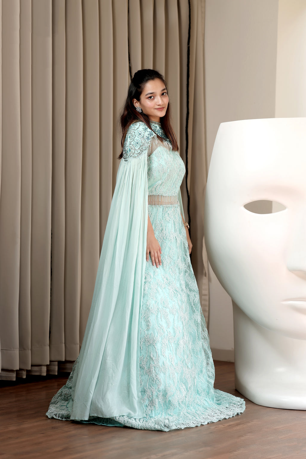Mint Sequined Gown with Detachable Cape Sleeves
