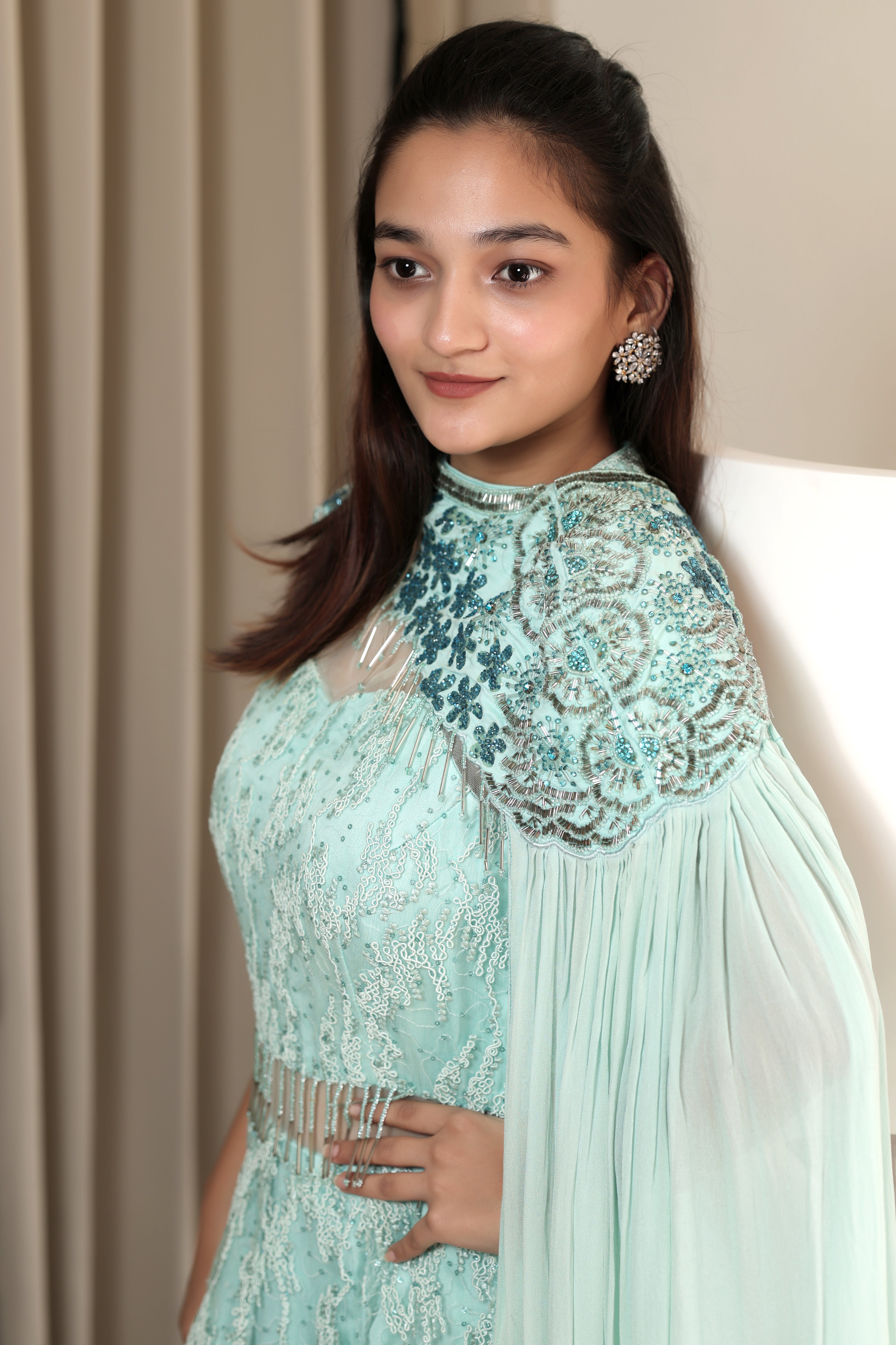 Mint Sequined Gown with Detachable Cape Sleeves