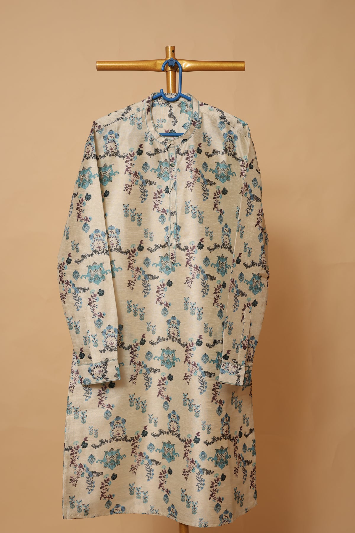 Men’s Beige Floral Printed Straight Kurta