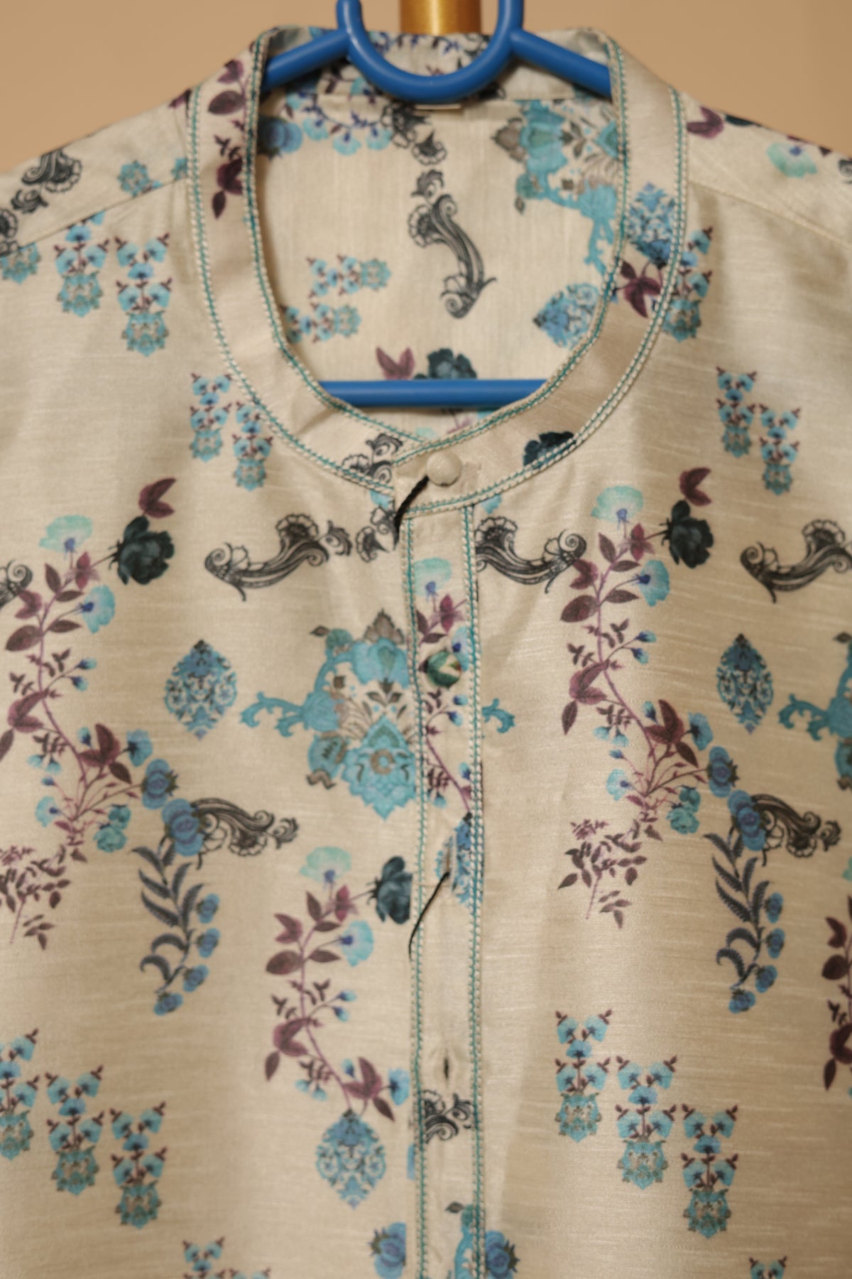 Men’s Beige Floral Printed Straight Kurta