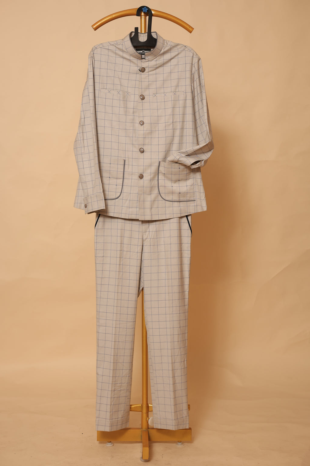 Men’s Beige Checked Ethnic Co-Ord Set