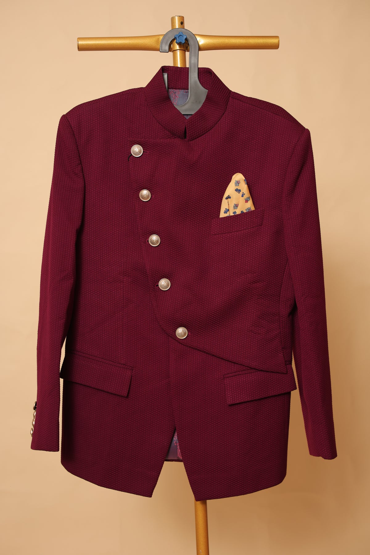 Men’s Maroon Textured Asymmetric Bandhgala Jacket