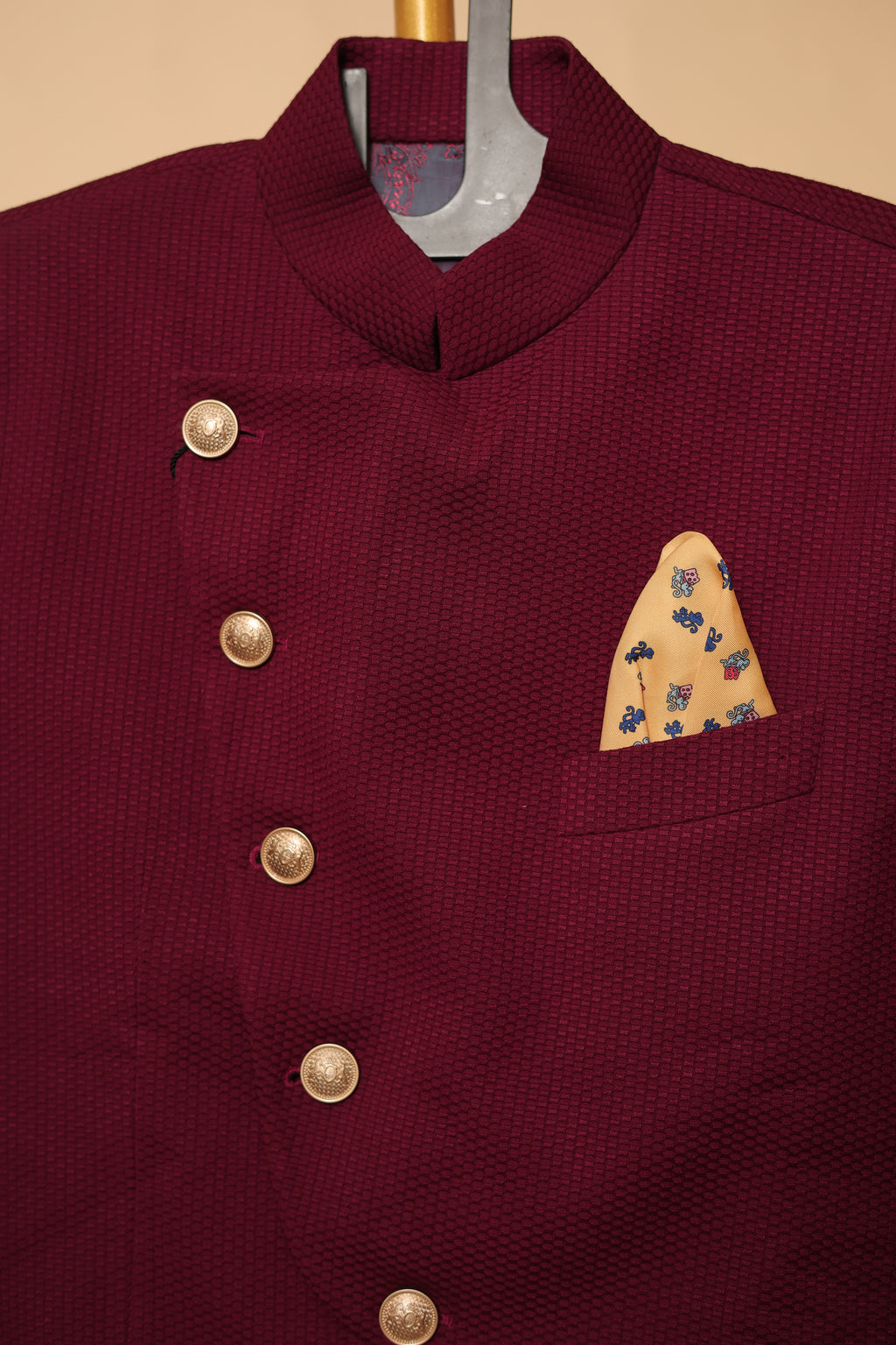 Men’s Maroon Textured Asymmetric Bandhgala Jacket