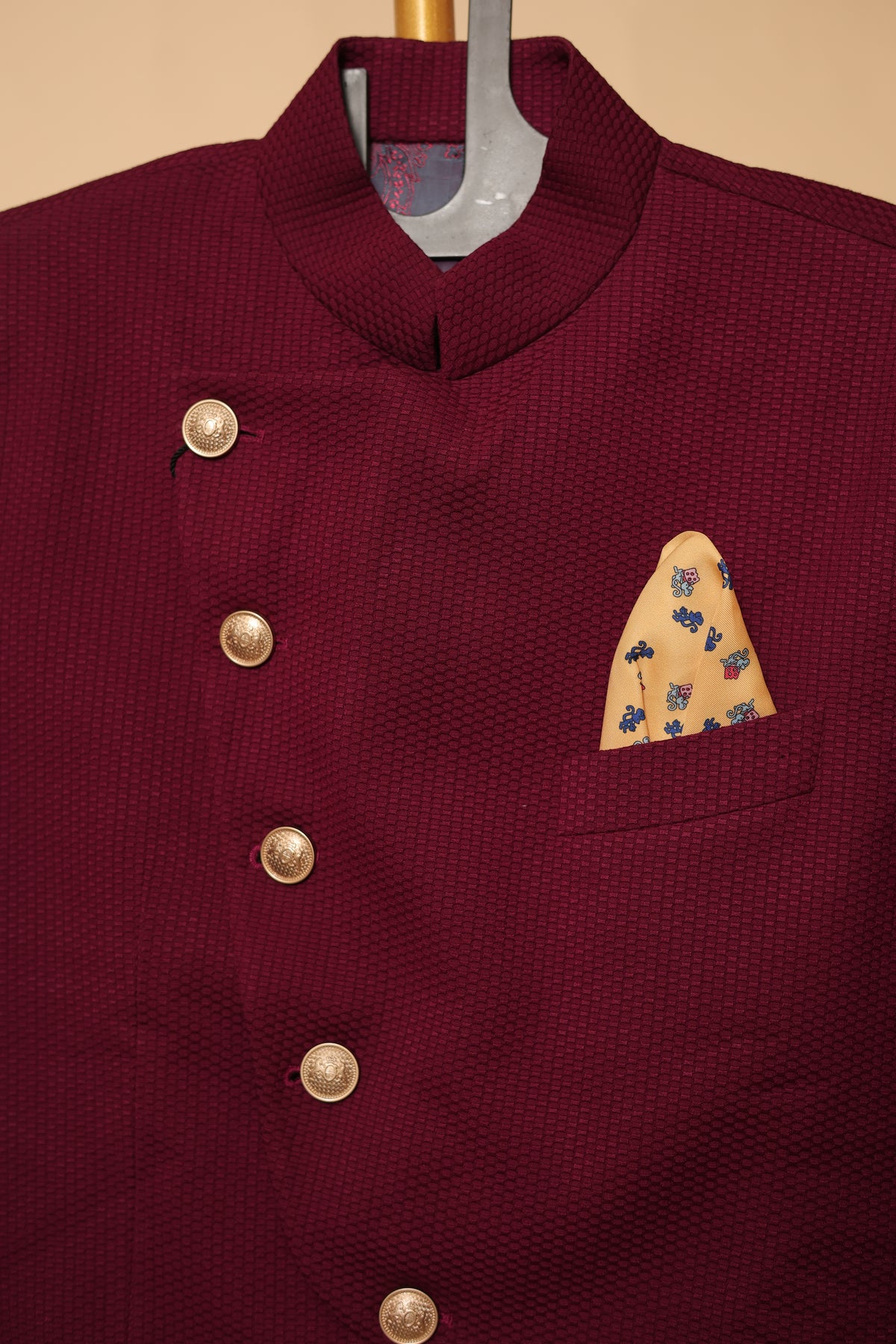 Men’s Maroon Textured Asymmetric Bandhgala Jacket