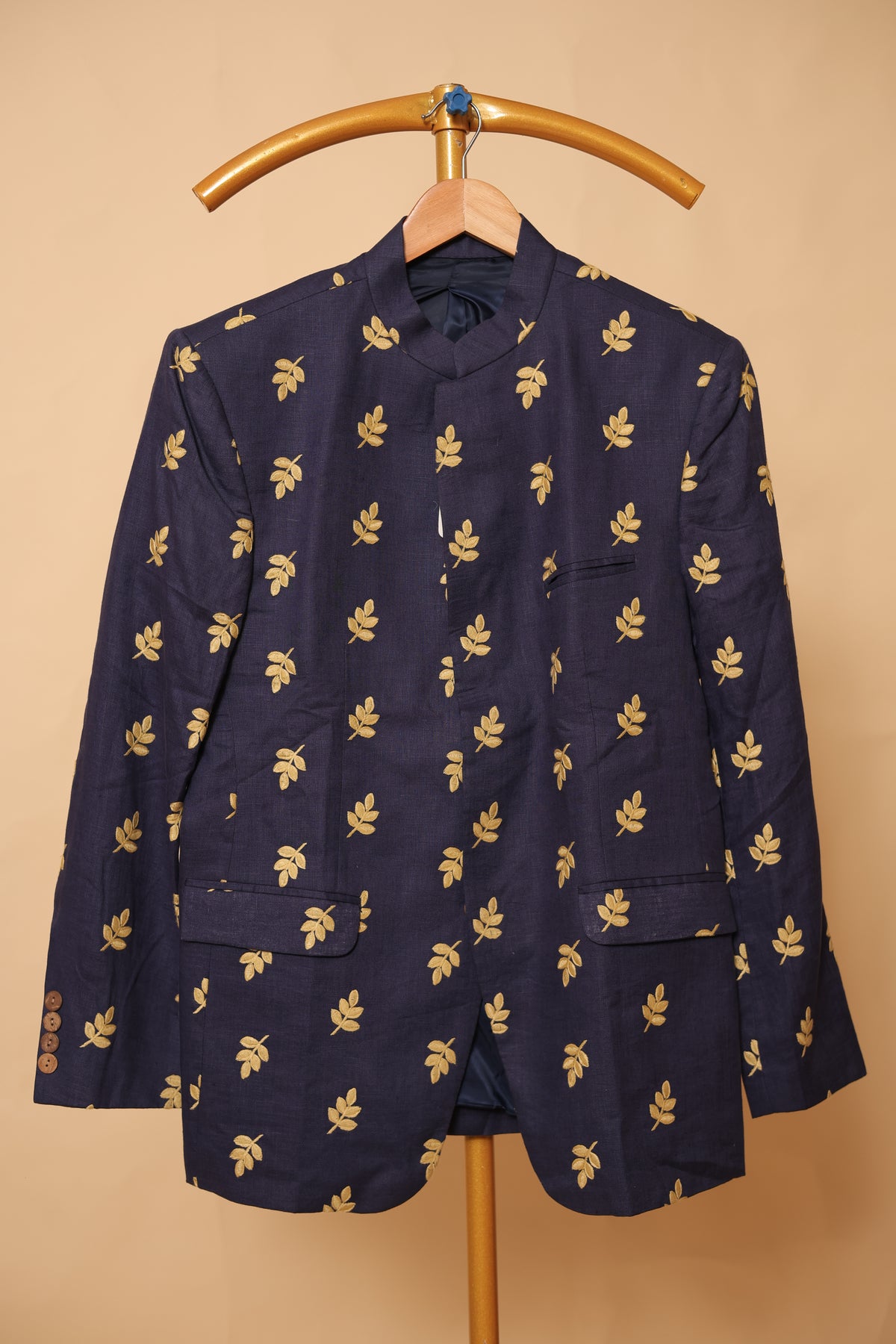 Men’s Navy Blue Gold Botanical Print Blazer