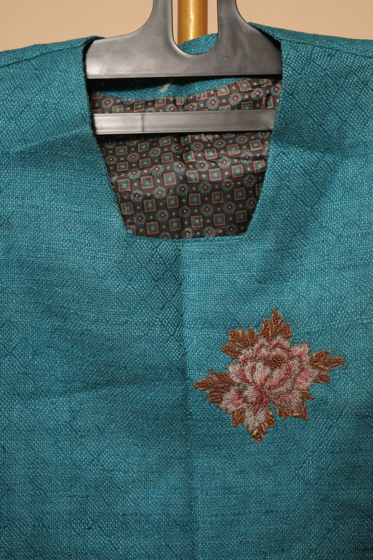 Men’s Teal Blue Embroidered Nehru Jacket