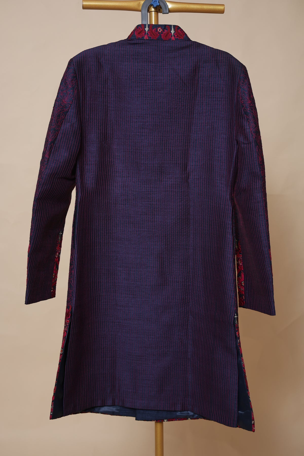 Men’s Navy Blue Sherwani with Red Embroidered Border