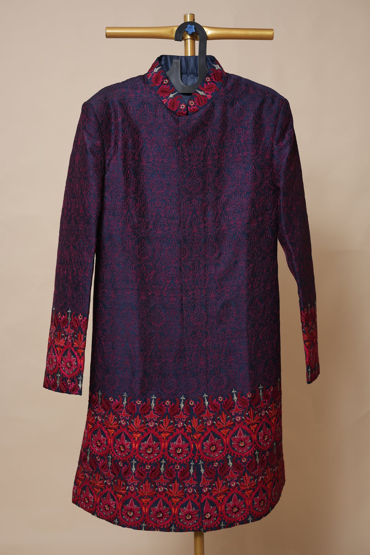 Men’s Navy Blue Sherwani with Red Embroidered Border
