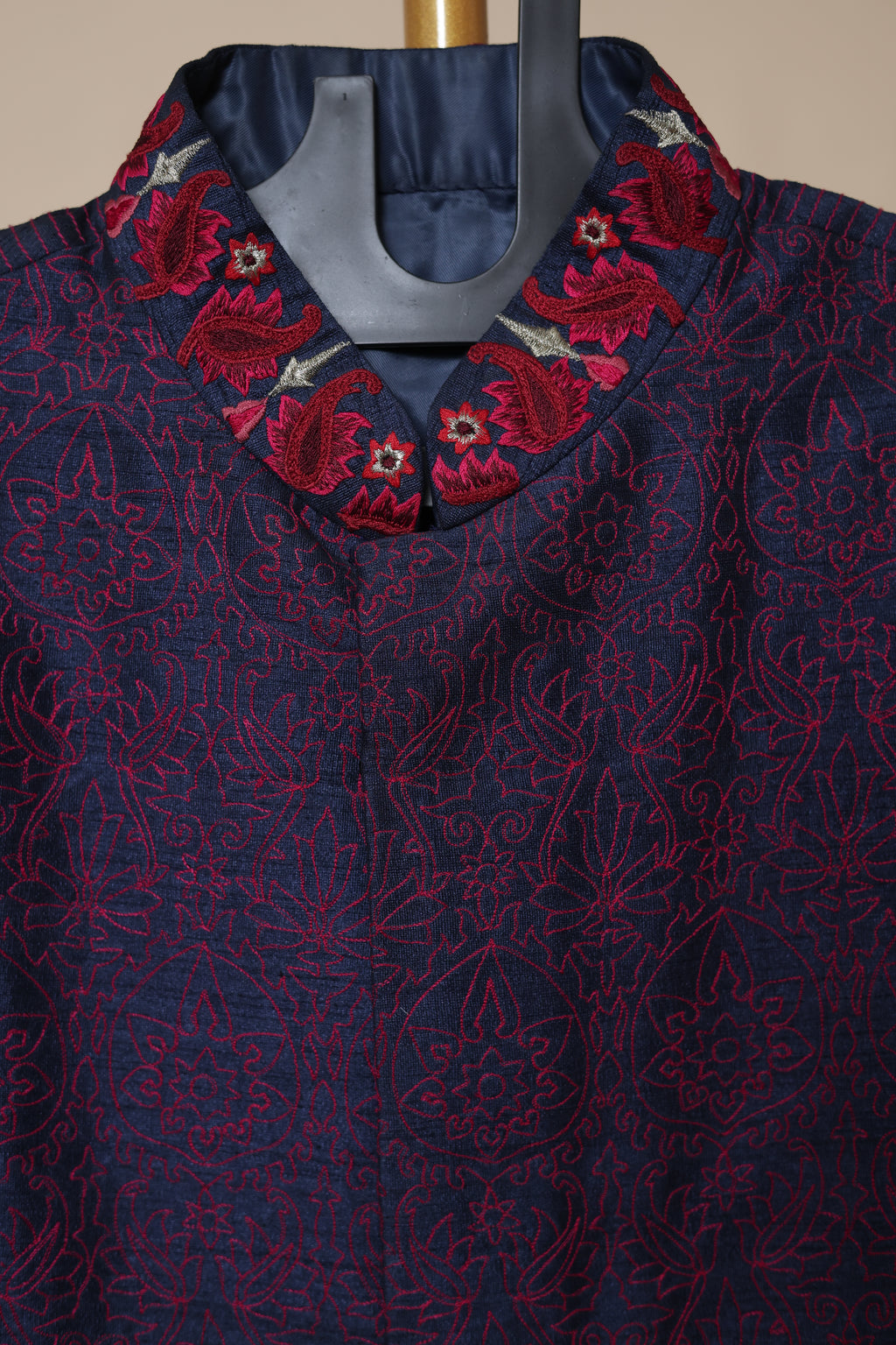 Men’s Navy Blue Sherwani with Red Embroidered Border