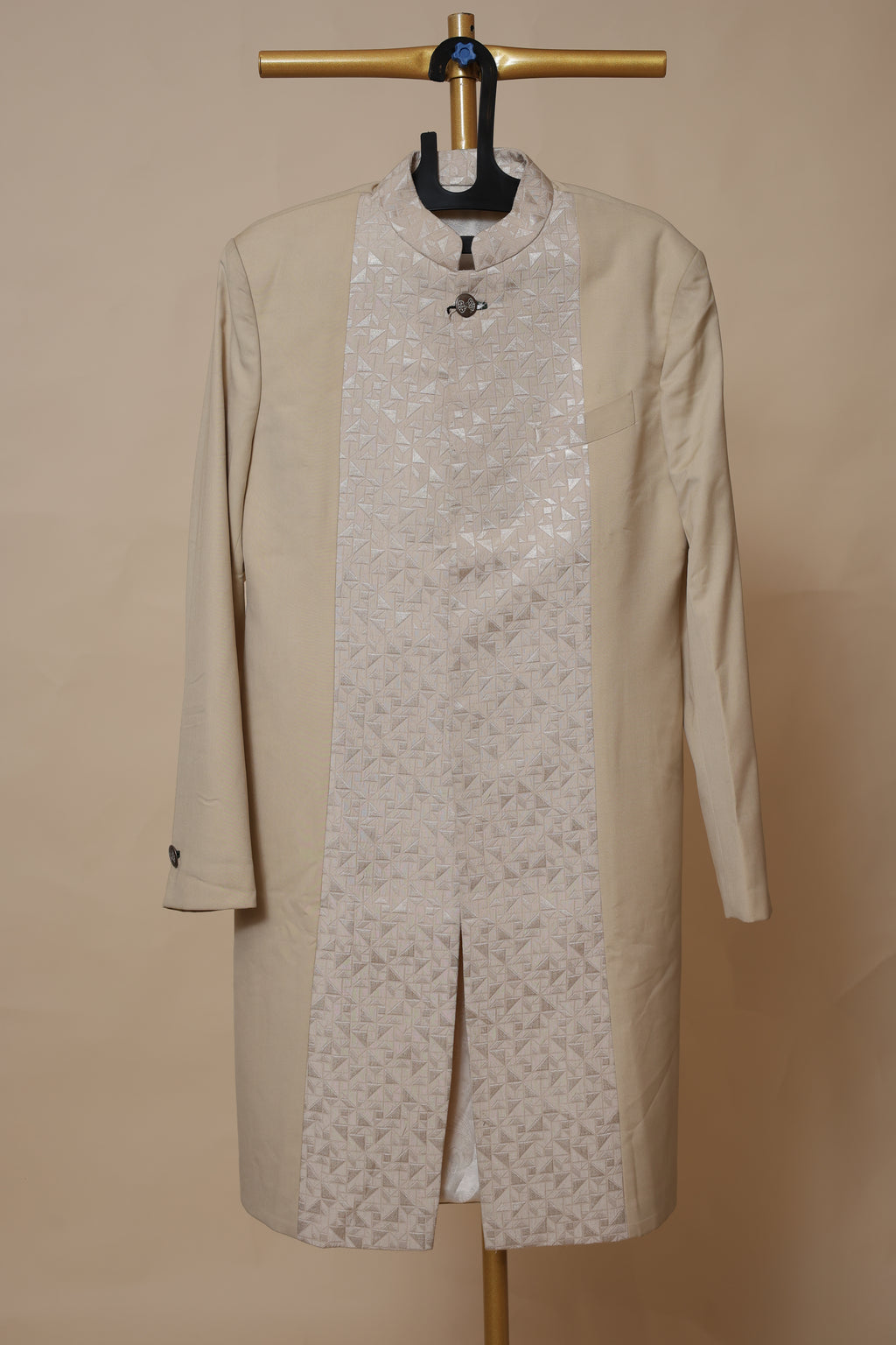 Men’s Beige Sherwani with Ivory Geometric Embroidered Panel