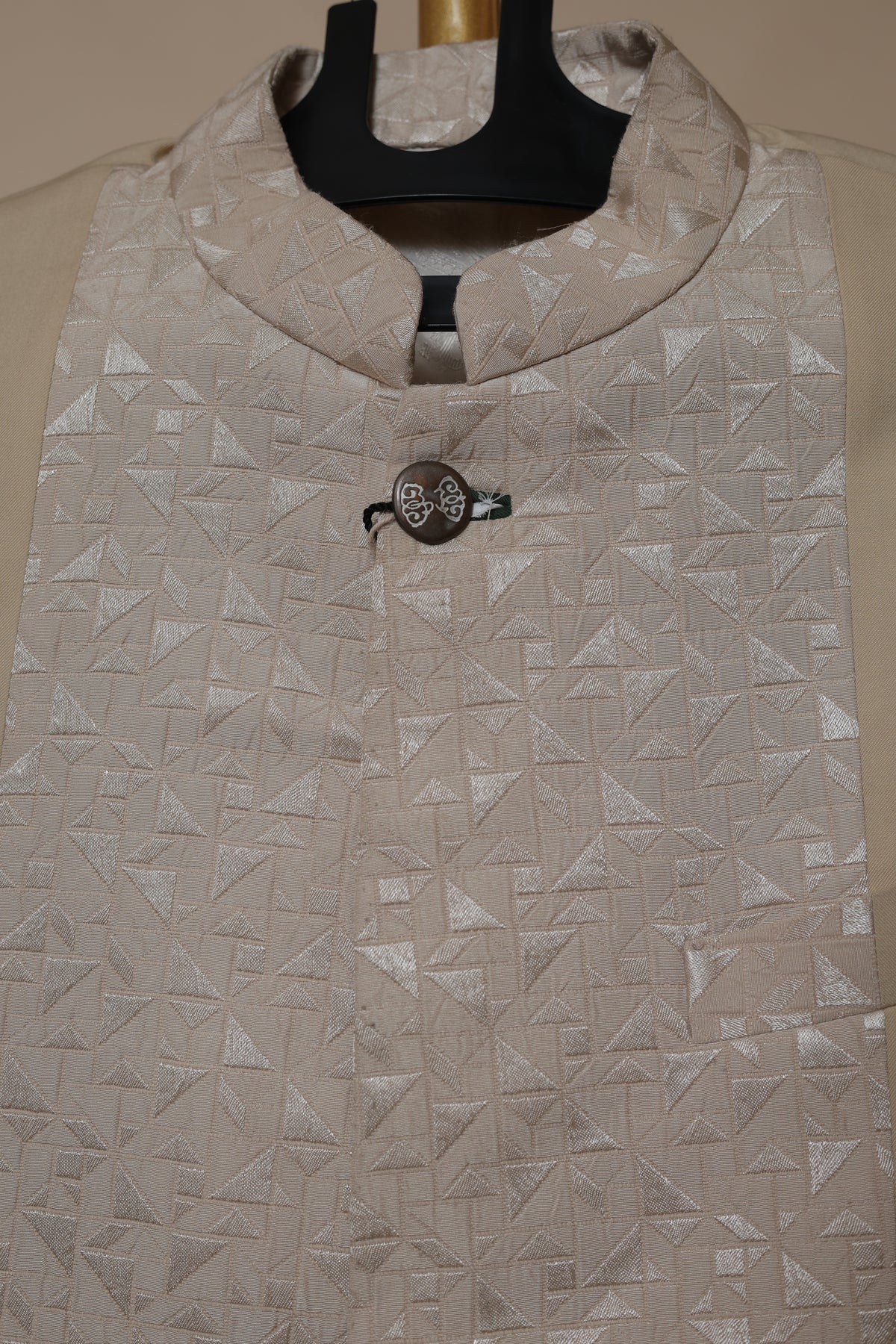 Men’s Beige Sherwani with Ivory Geometric Embroidered Panel
