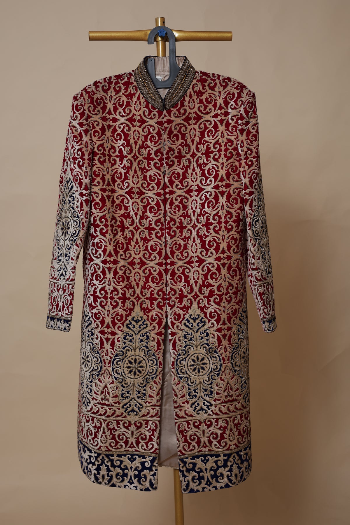 Men's Maroon and Navy Blue Embroidered Wedding Sherwani