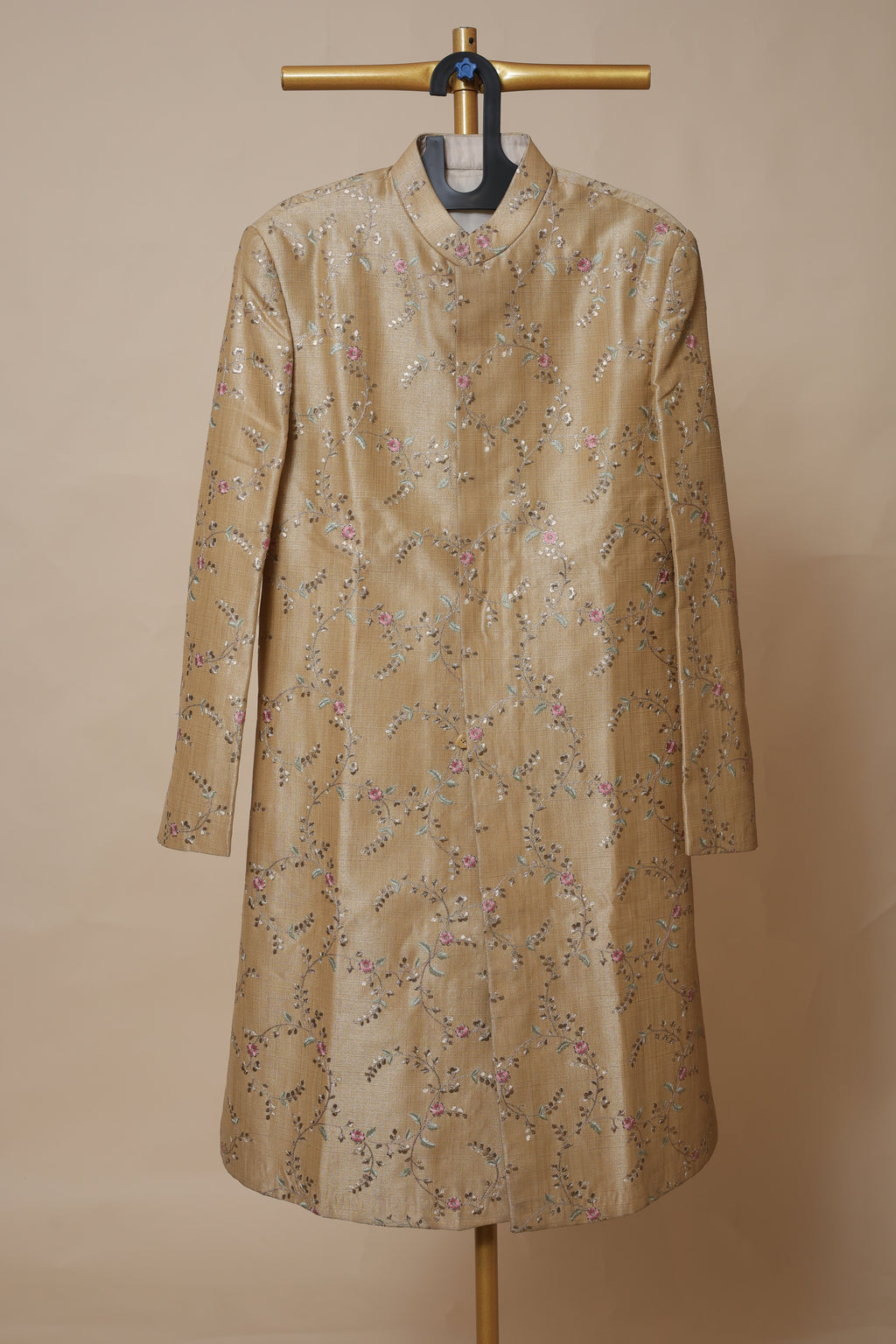 Men's Golden Beige Floral Embroidered Wedding Sherwani