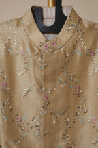 Men's Golden Beige Floral Embroidered Wedding Sherwani