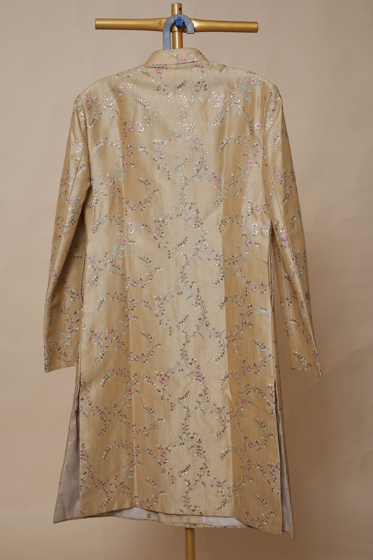 Men's Golden Beige Floral Embroidered Wedding Sherwani