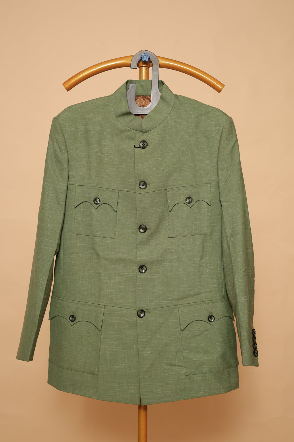Men's Olive Green Sikara Pattern Bandhgala Blazer