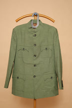 Men's Olive Green Sikara Pattern Bandhgala Blazer