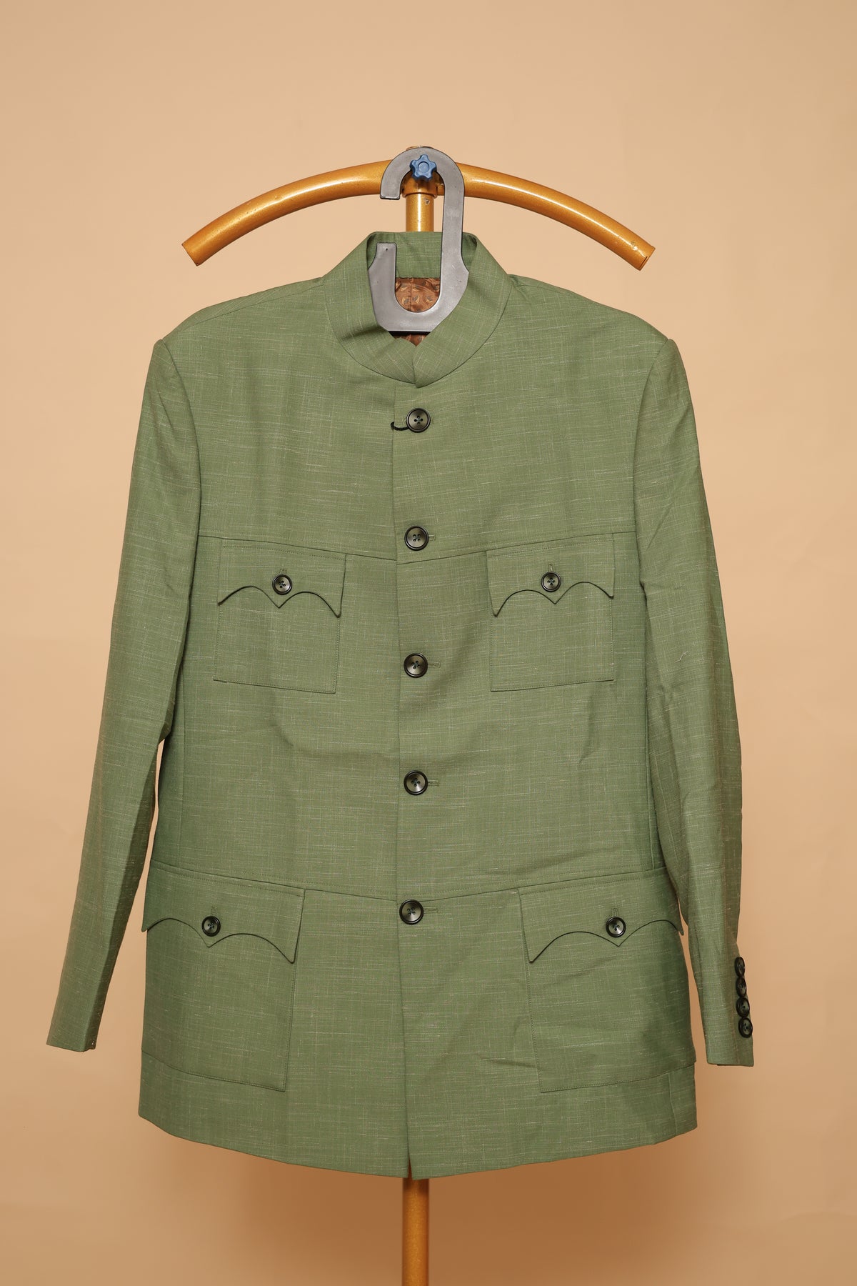 Men's Olive Green Sikara Pattern Bandhgala Blazer