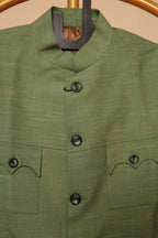 Men's Olive Green Sikara Pattern Bandhgala Blazer