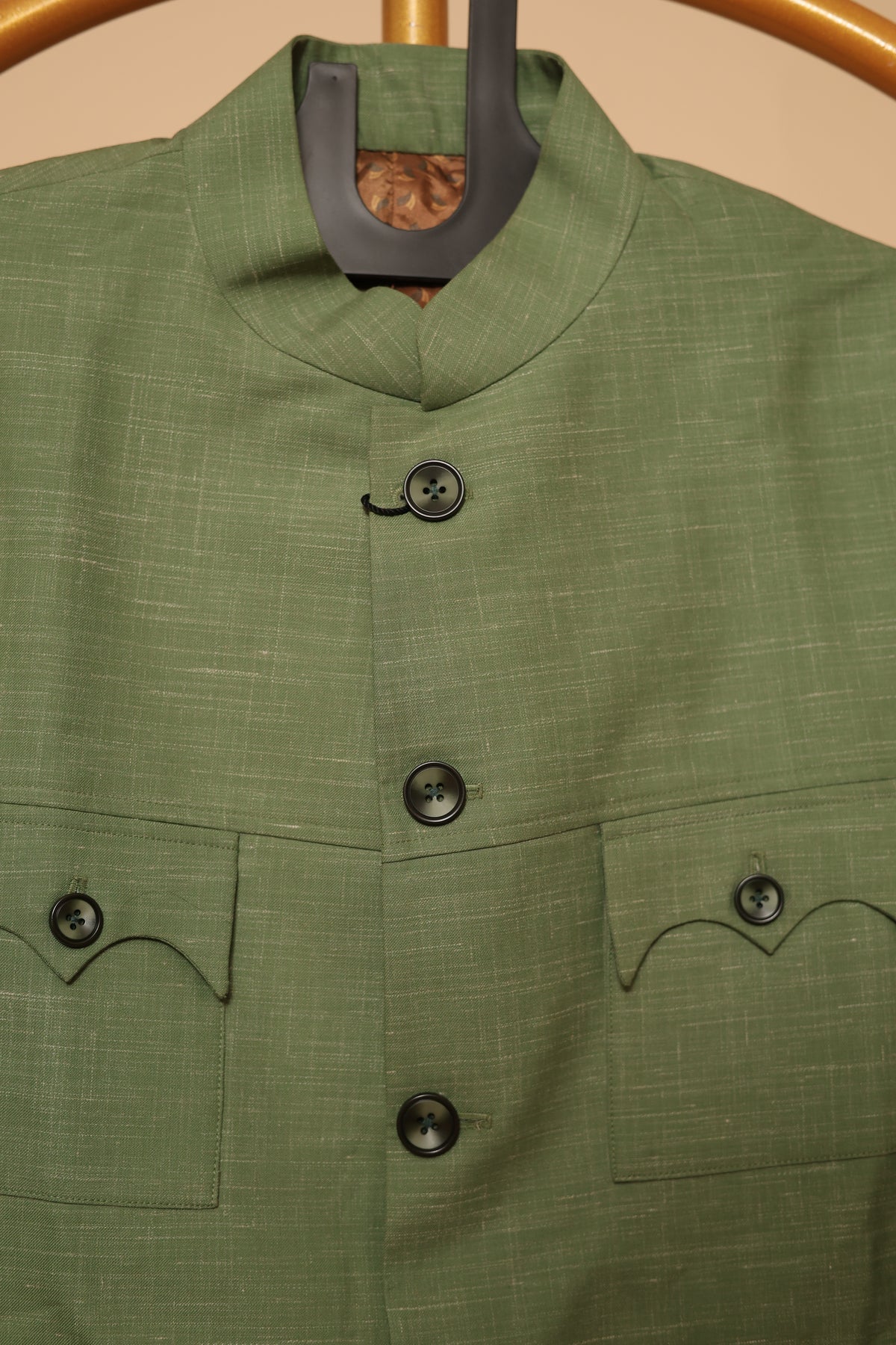 Men's Olive Green Sikara Pattern Bandhgala Blazer