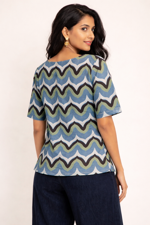 Azure & Sage Zig-Zag Print Boat Neck Top